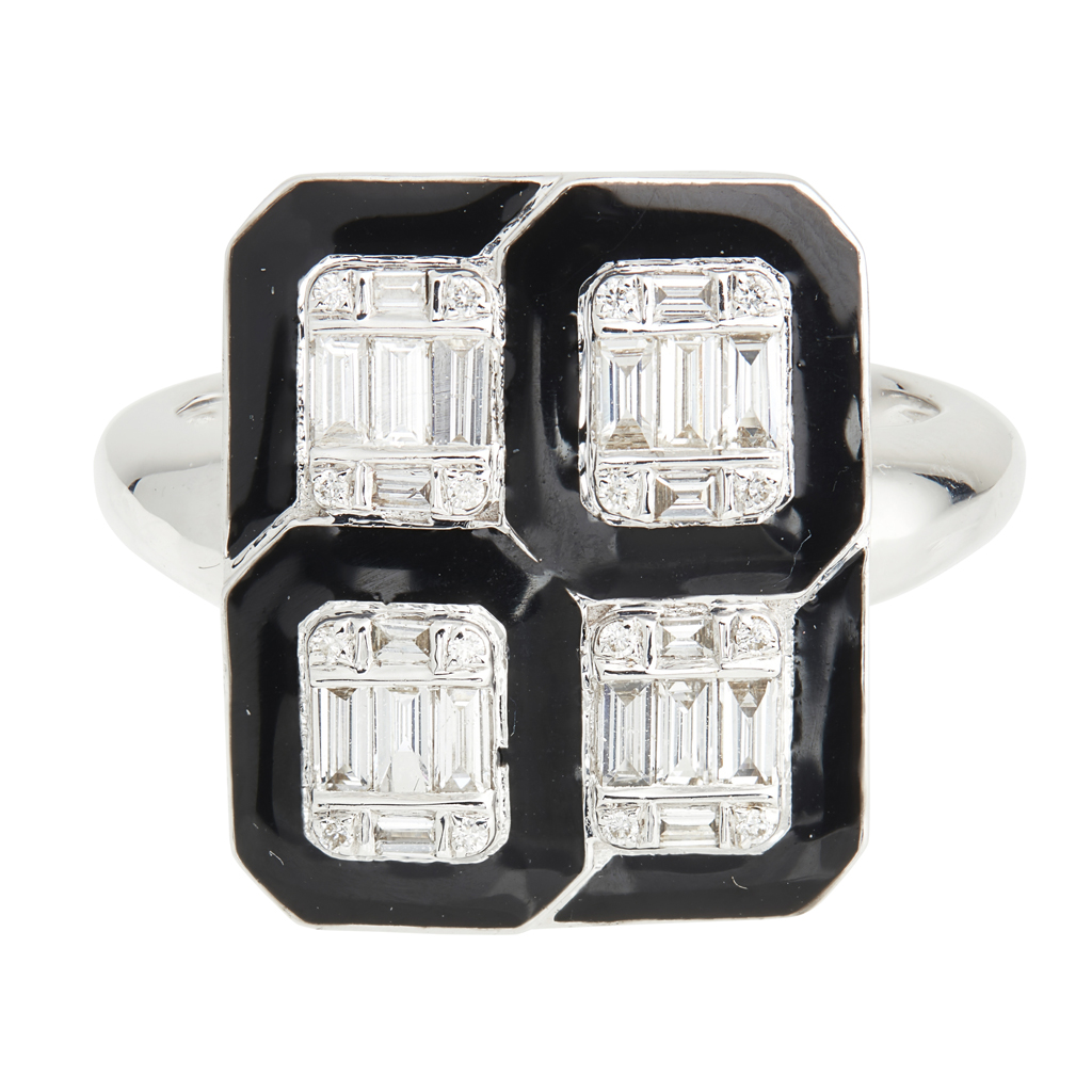A diamond and enamel plaque ring