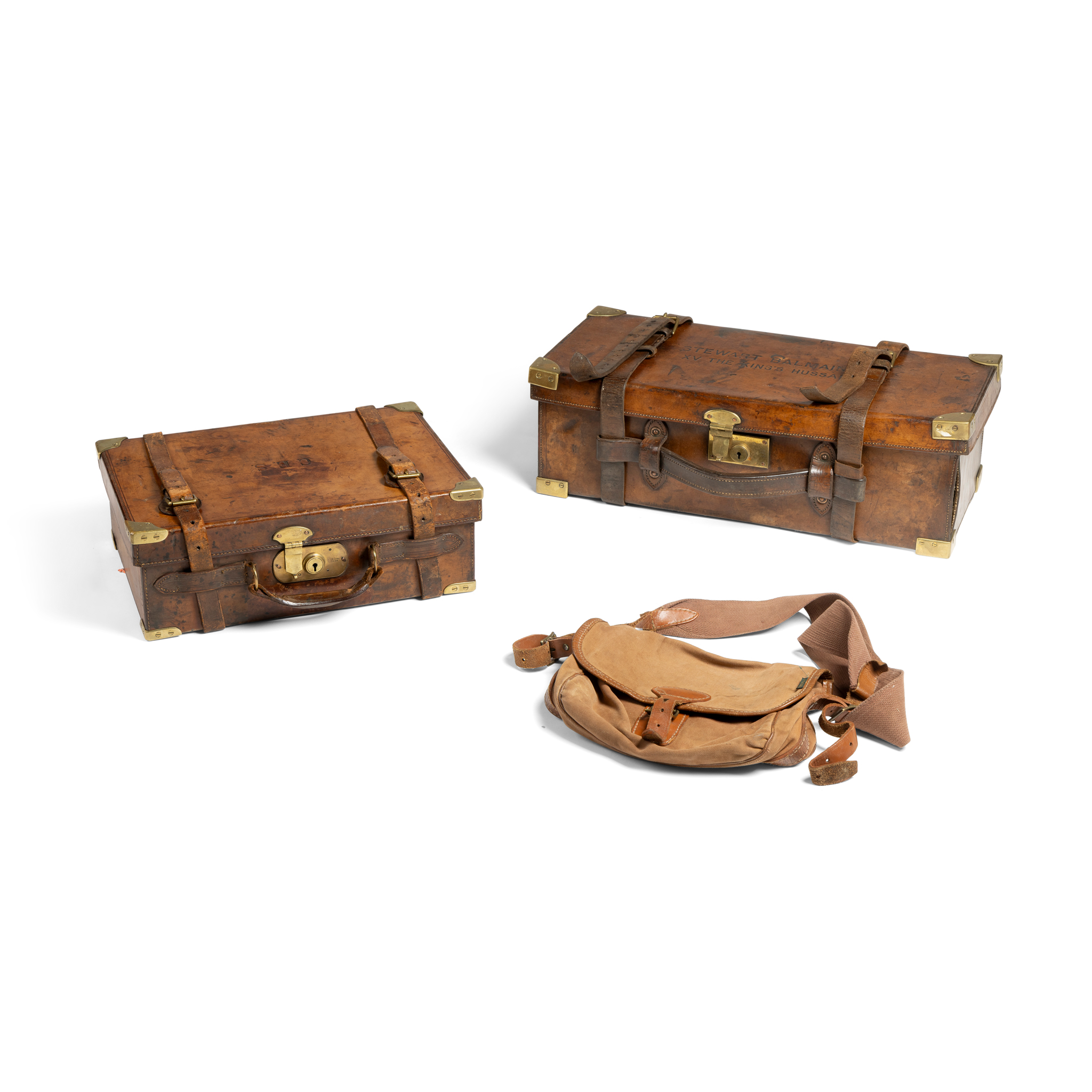TWO BRASS MOUNTED LEATHER-COVERED CARTRIDGE MAGAZINES, AND CANVAS CARTRIDGE BAG