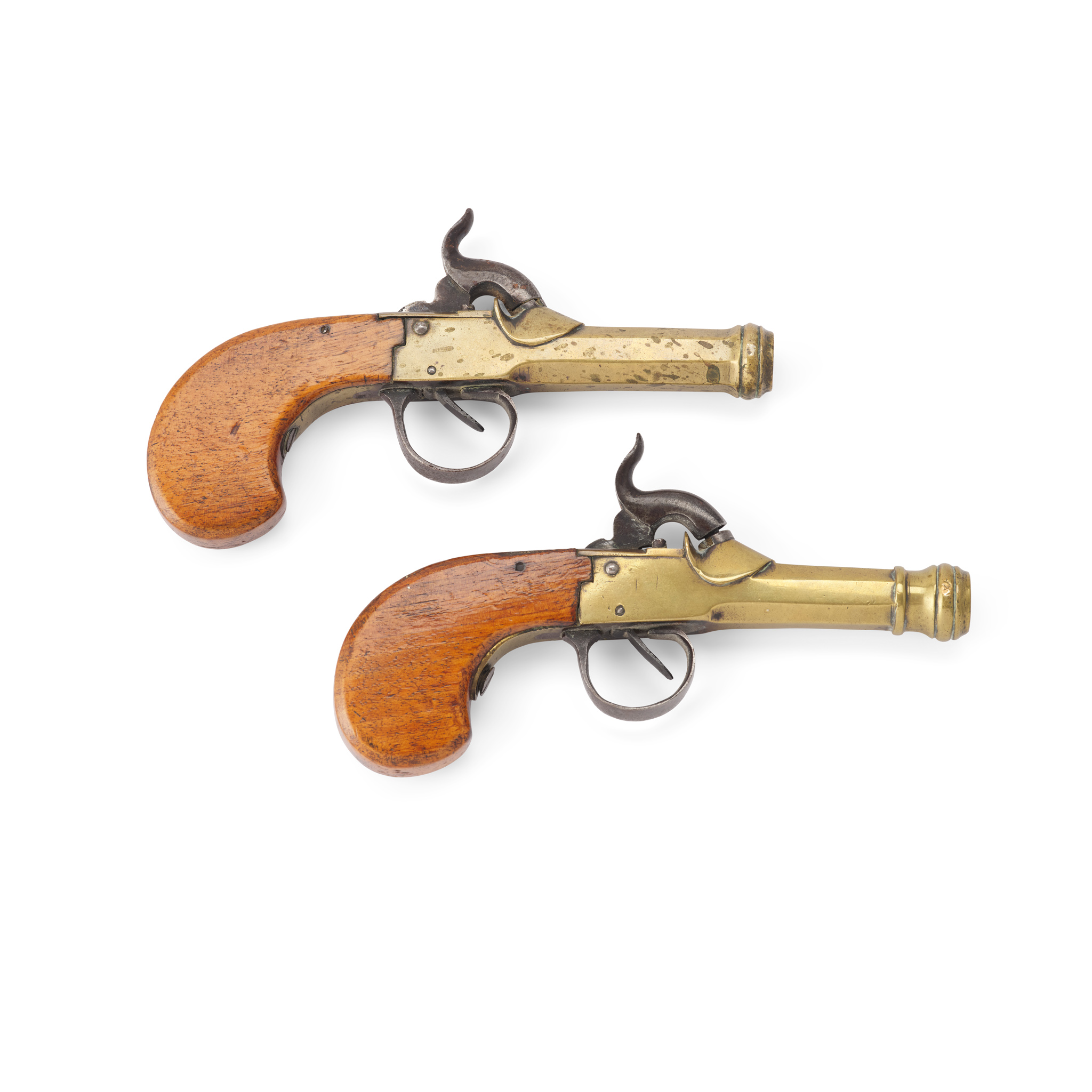 PAIR OF BELGIAN BRASS BARRELLED PERCUSSION POCKET PISTOLS