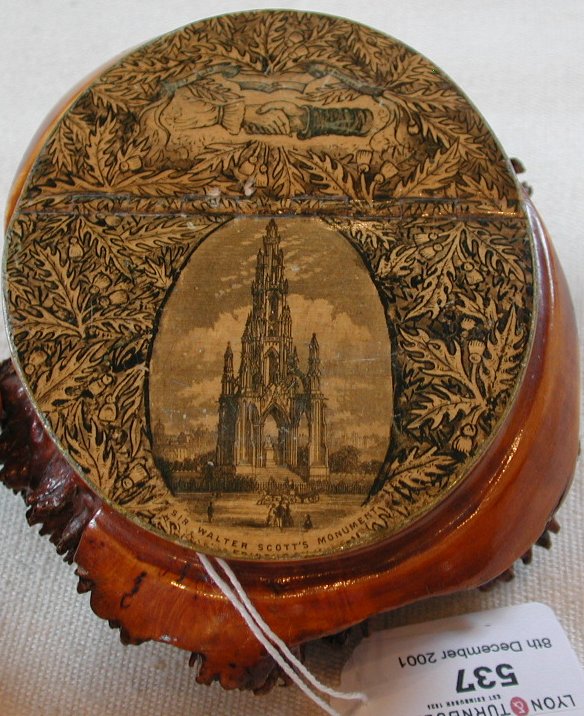 A Scottish 19th century Mauchlineware burr maple snuff mull