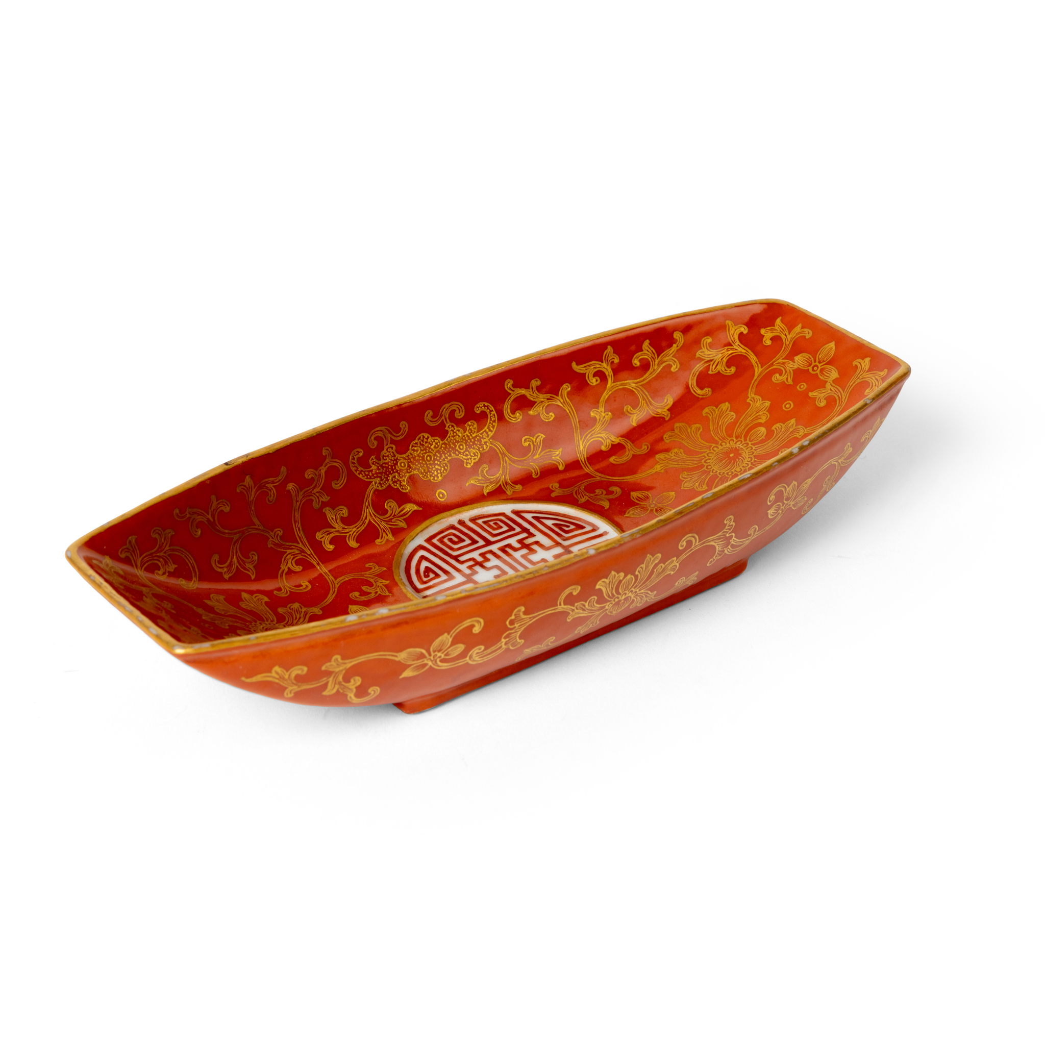 CHINESE CORAL-RED-GLAZED GILT-DECORATED TEA BOAT