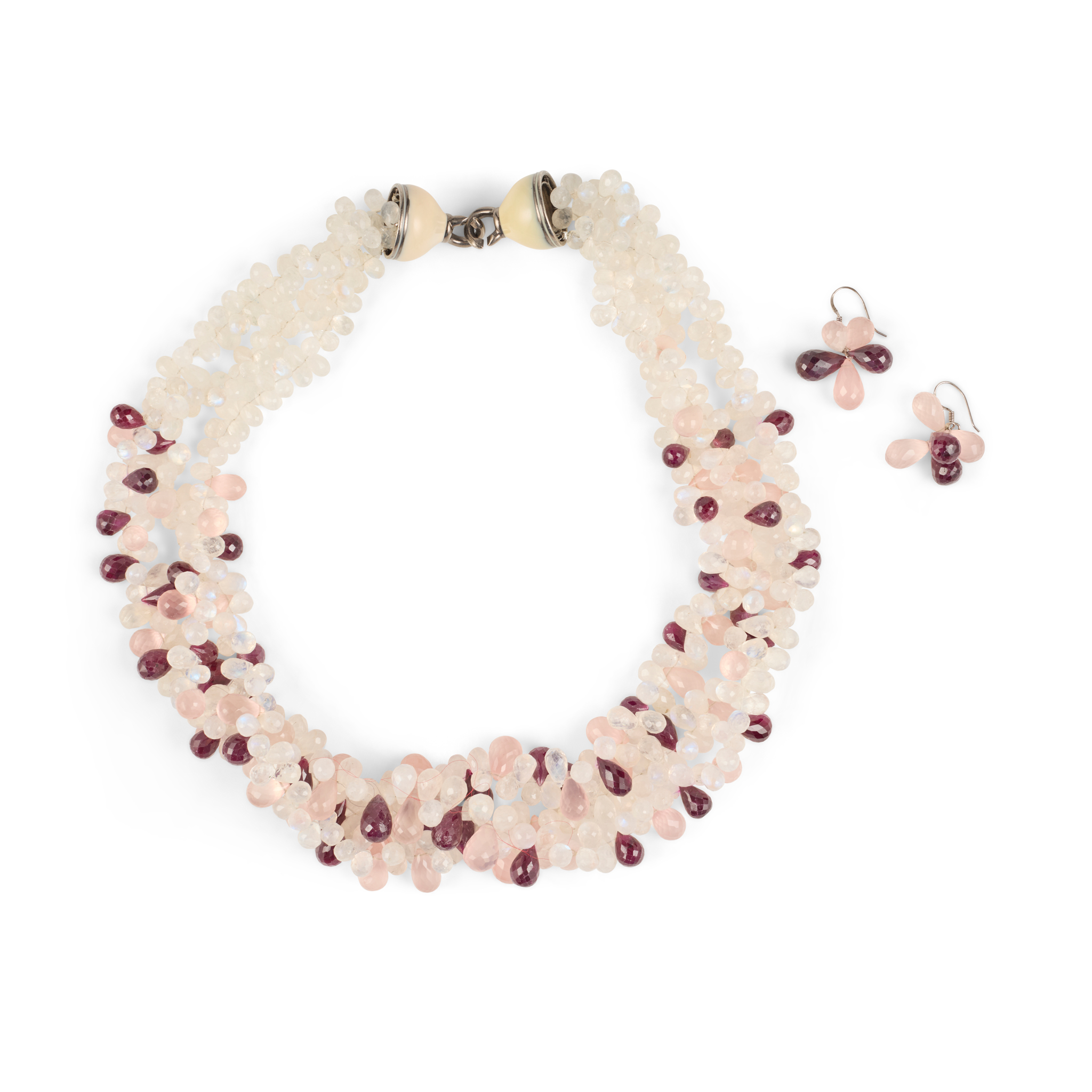 A multi-gem bead necklace and a matching pair of earrings