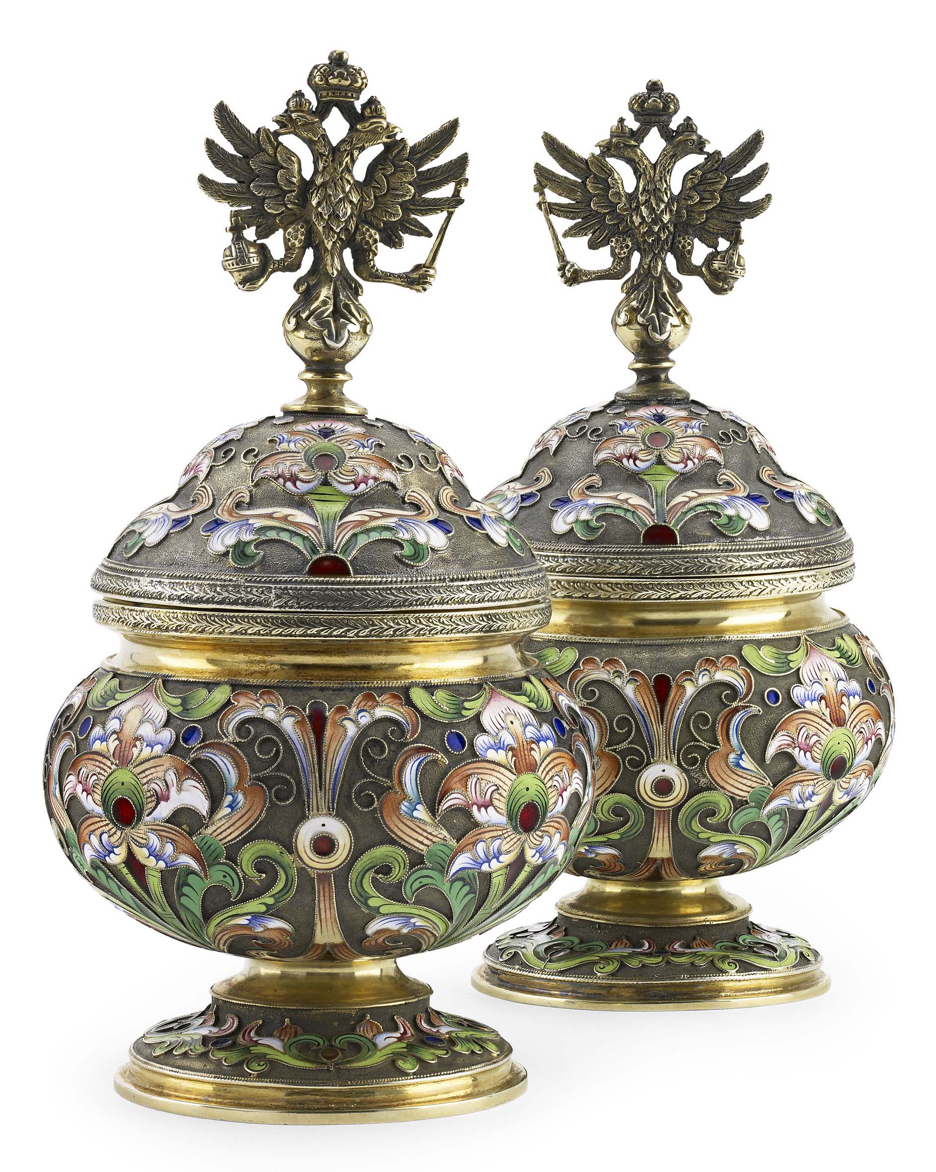 A pair of Russian silver-gilt and cloisonné enamel cups and covers