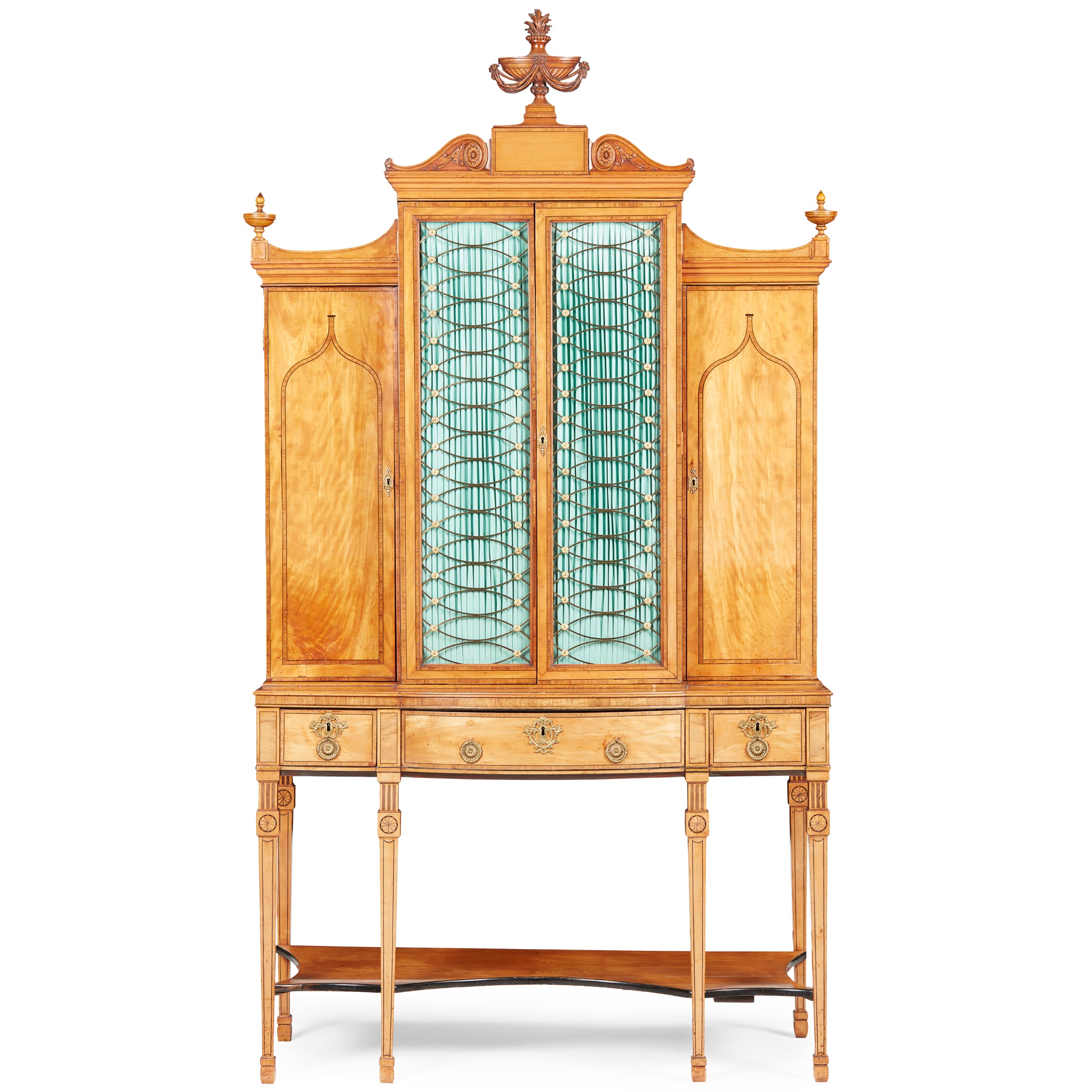 GEORGE III SATINWOOD, KINGWOOD, AND BRASS SECRETAIRE BOOKCASE