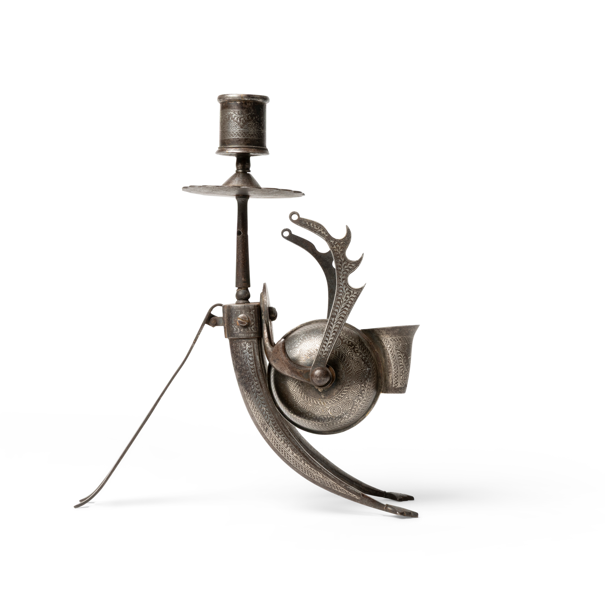 A SILVER KOFTGARI INLAID STEEL TRAVELLING SCRIBE'S CANDLESTICK AND INKWELL