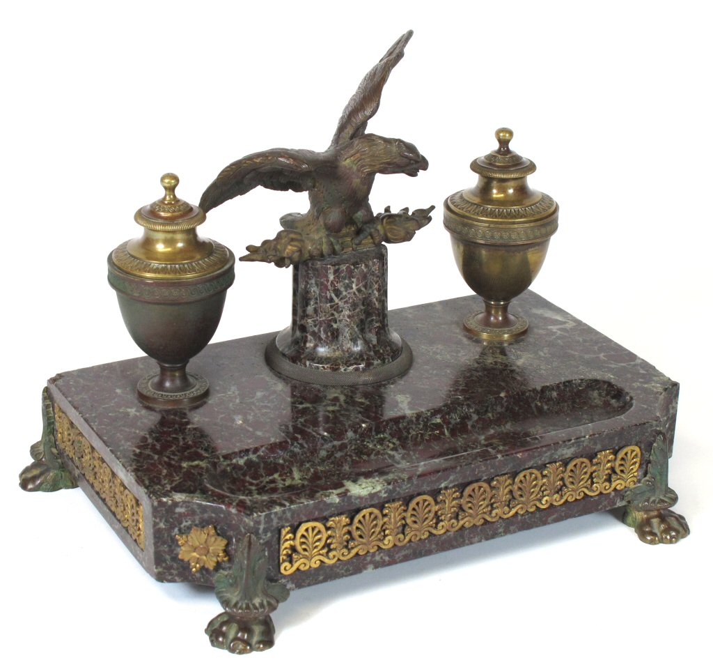 EMPIRE GILT METAL AND MARBLE INKSTAND