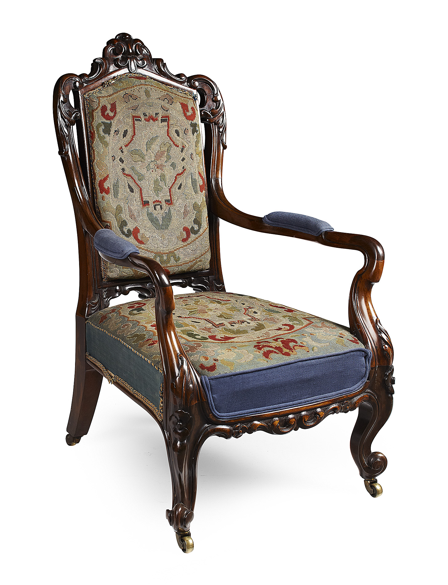 VICTORIAN ROSEWOOD FRAMED NEEDLEWORK UPHOLSTERED ARMCHAIR