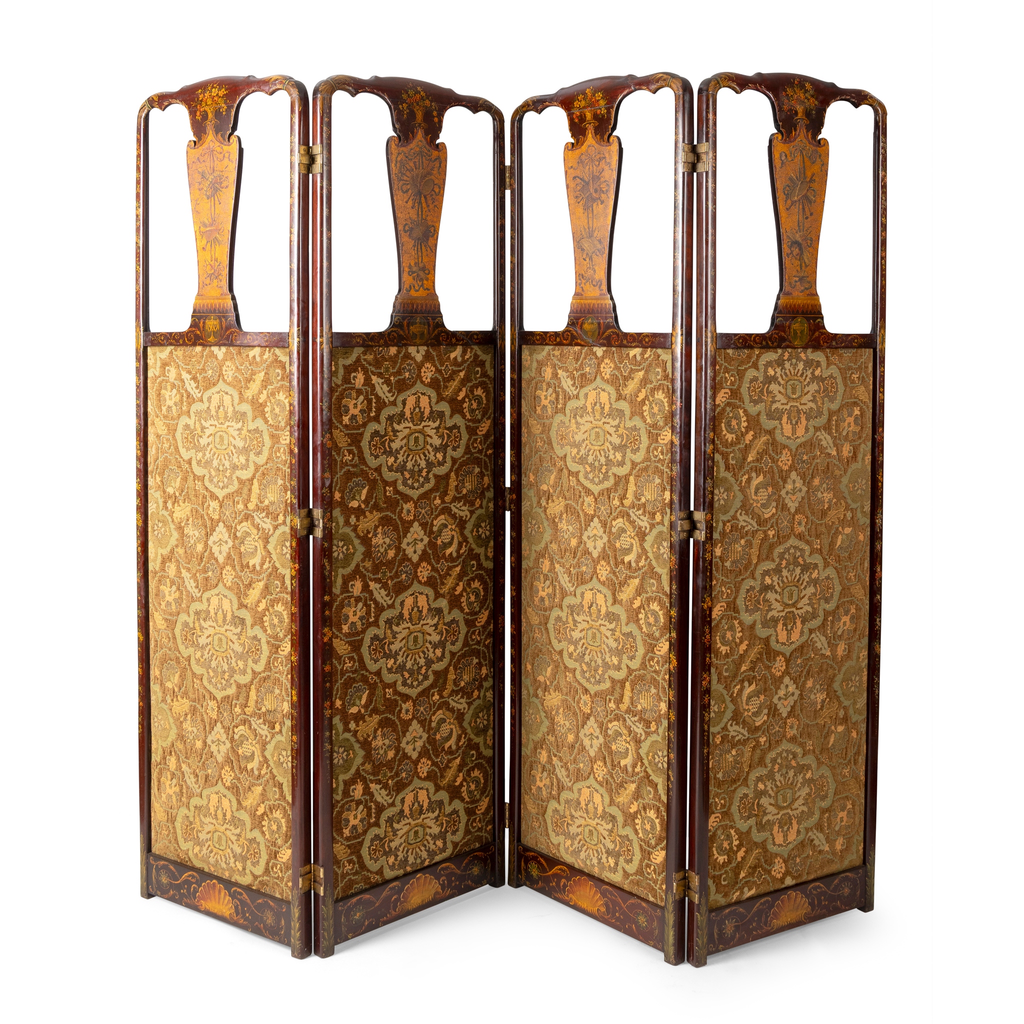 A FOUR FOLD MAHOGANY, PAINTED AND UPHOLSTERED BOUDOIR SCREEN