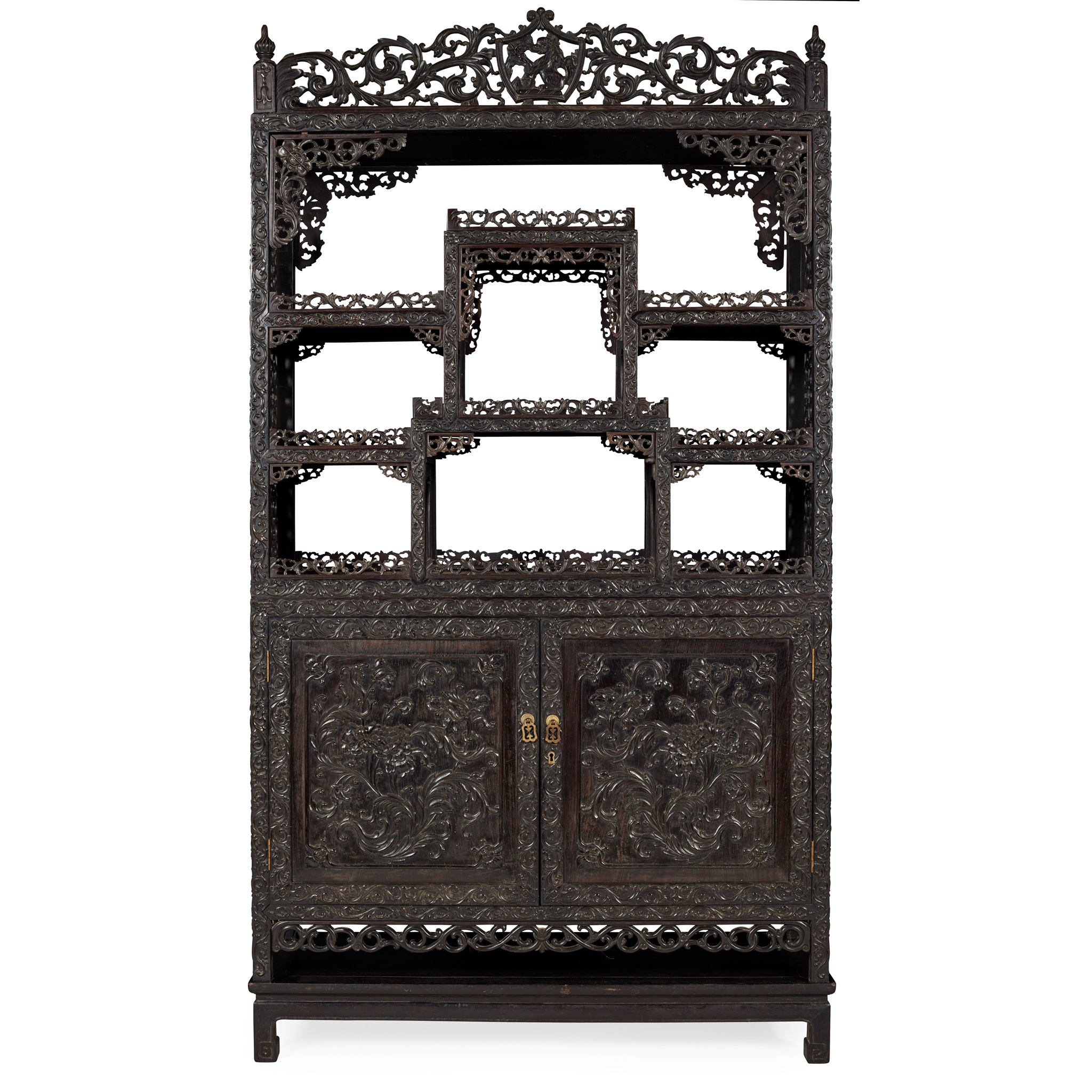 CHINESE EXPORT CARVED HARDWOOD DISPLAY CABINET