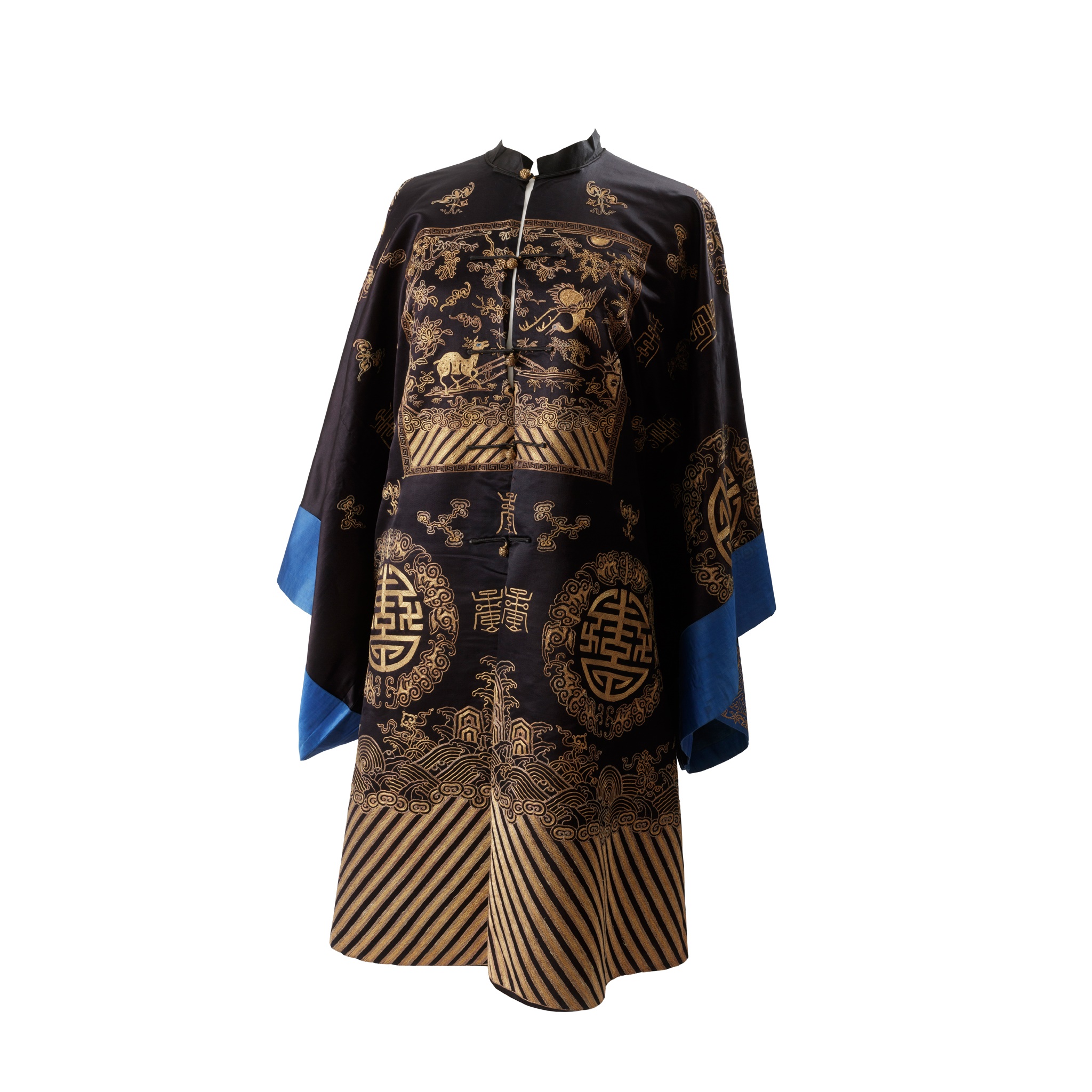 BLACK-GROUND SILK EMBROIDERED 'SHOU' OVERCOAT