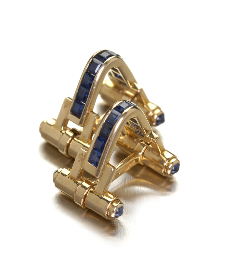 A pair of French gold mounted sapphire cufflinks