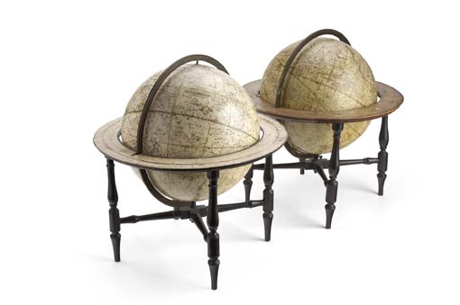 A pair of Regency celestial and terrestrial library table globes By James Kirkwood of Edinburgh
