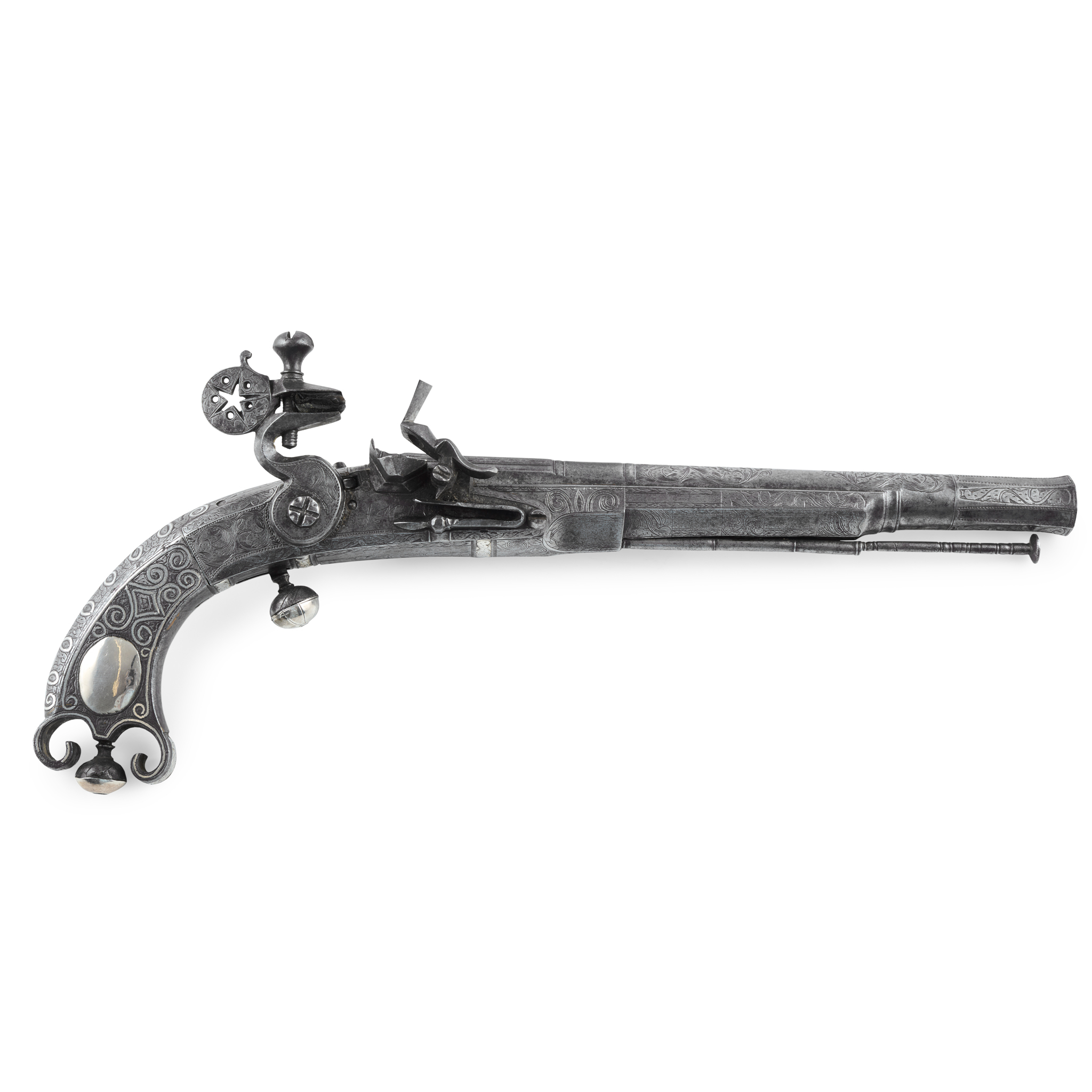 AN 18TH CENTURY SCOTTISH FLINTLOCK ALL METAL SCROLL BUTT BELT PISTOL