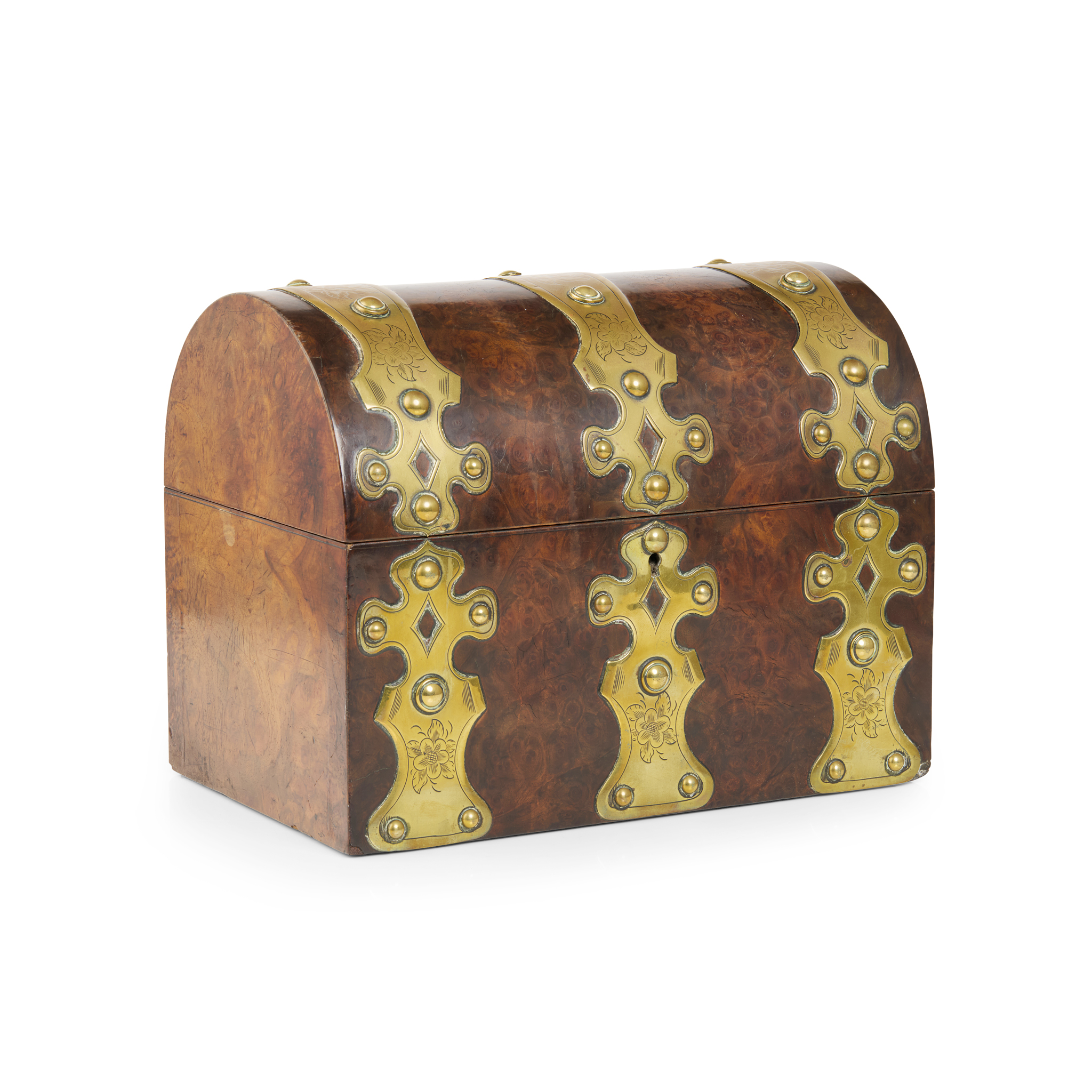 EARLY VICTORIAN BURR WALNUT AND BRASS STRAPWORK TEA CADDY