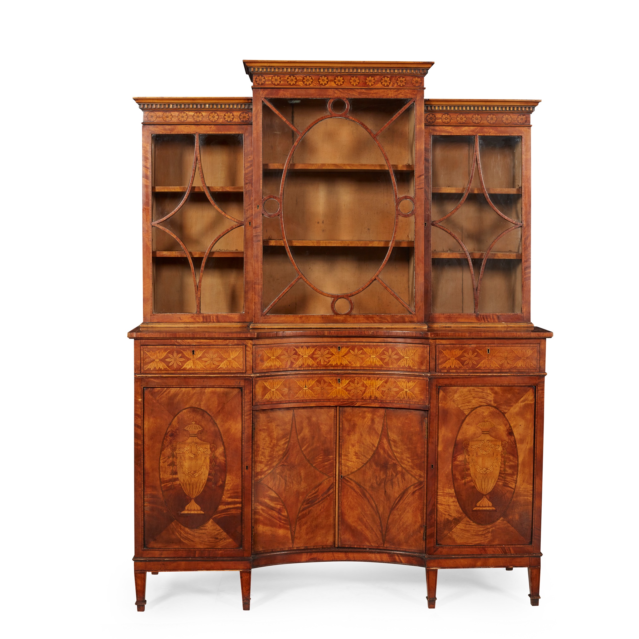 LATE GEORGE III IRISH SATINWOOD AND INLAID BREAKFRONT DISPLAY CABINET, IN THE MANNER OF WILLIAM MOORE OF DUBLIN