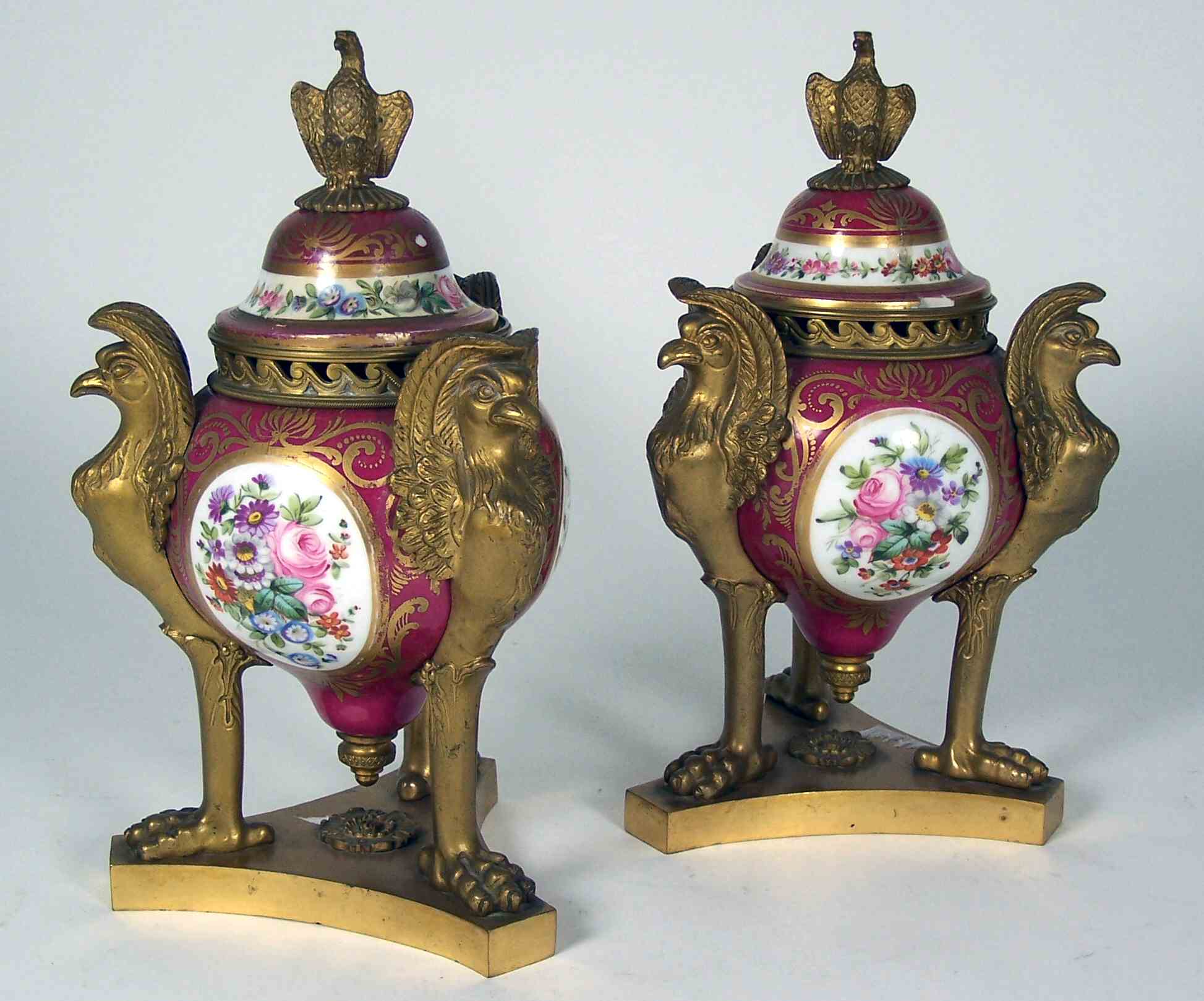 Pair of Sevres style porcelain and gilt bronze cassolettes