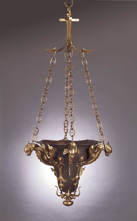 A pair of monumental Edwardian patinated and gilded bronze hanging lights,