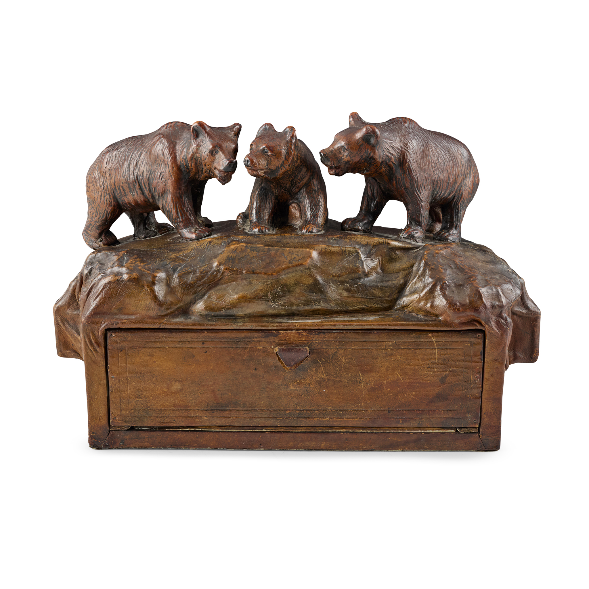 UNUSUAL BLACK FOREST BEAR LEATHER COVERED STATIONERY BOX