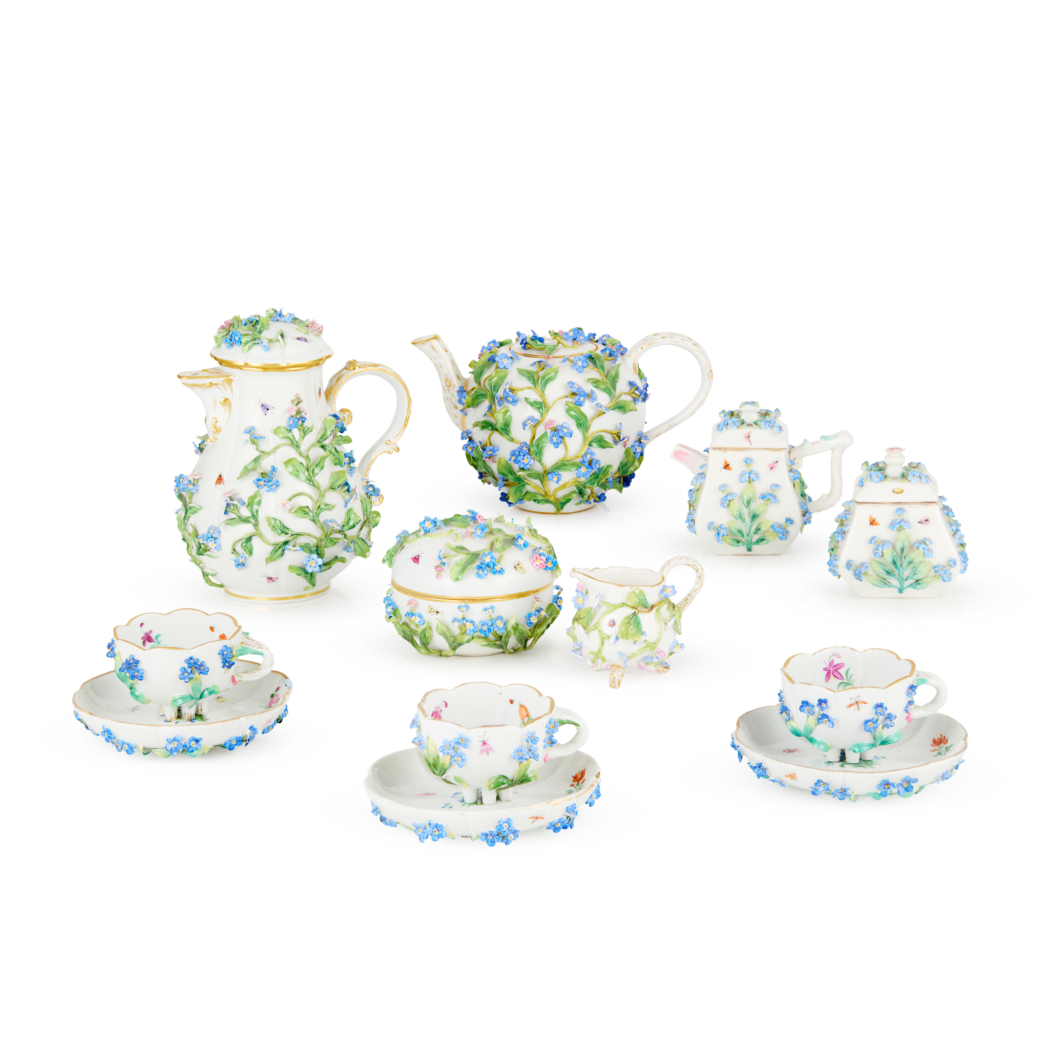 ASSEMBLED MEISSEN AND MEISSEN STYLE FLORAL-ENCRUSTED PART TEA AND COFFEE SERVICE