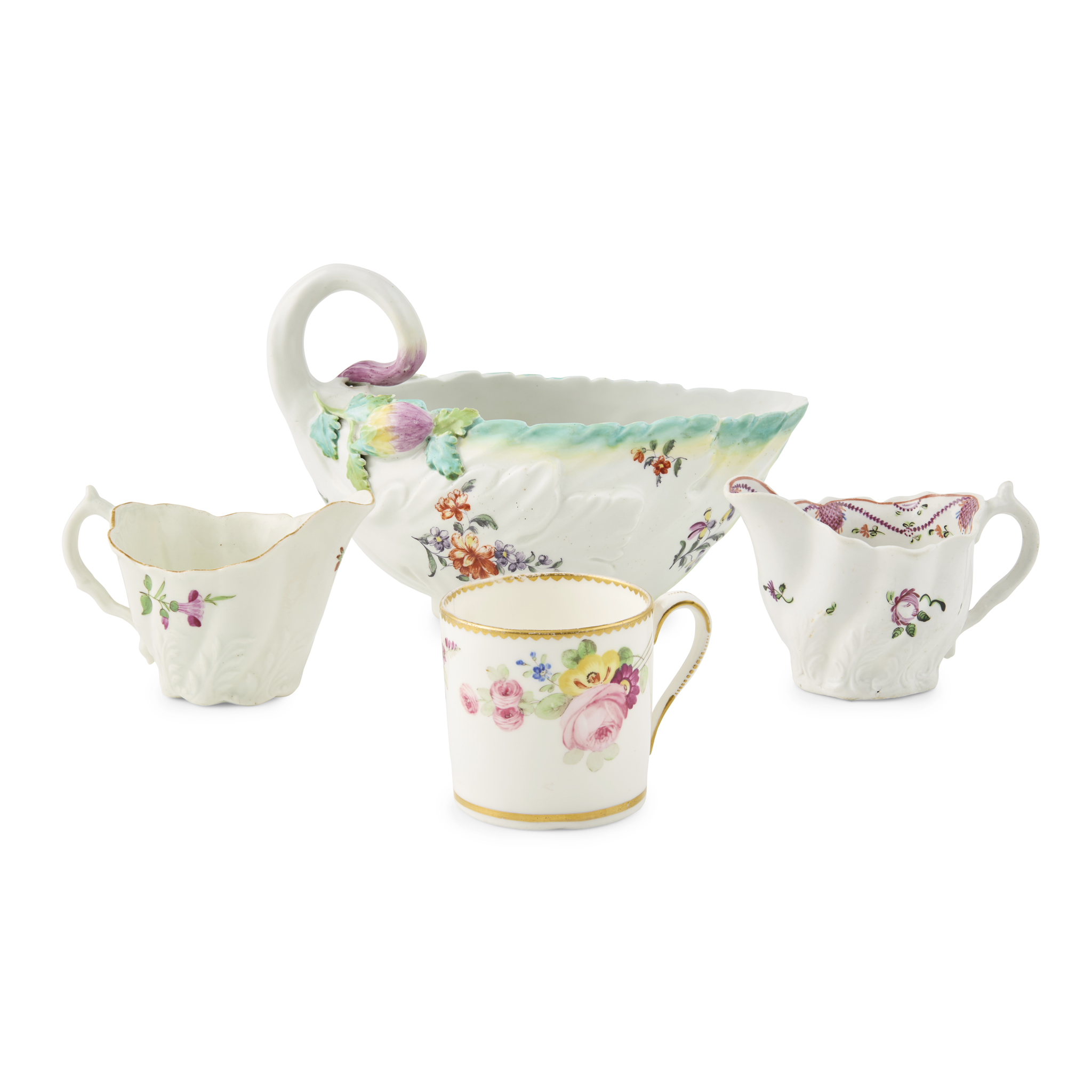DERBY LEAF MOULDED SAUCE BOAT AND TWO ENGLISH CREAM BOATS
