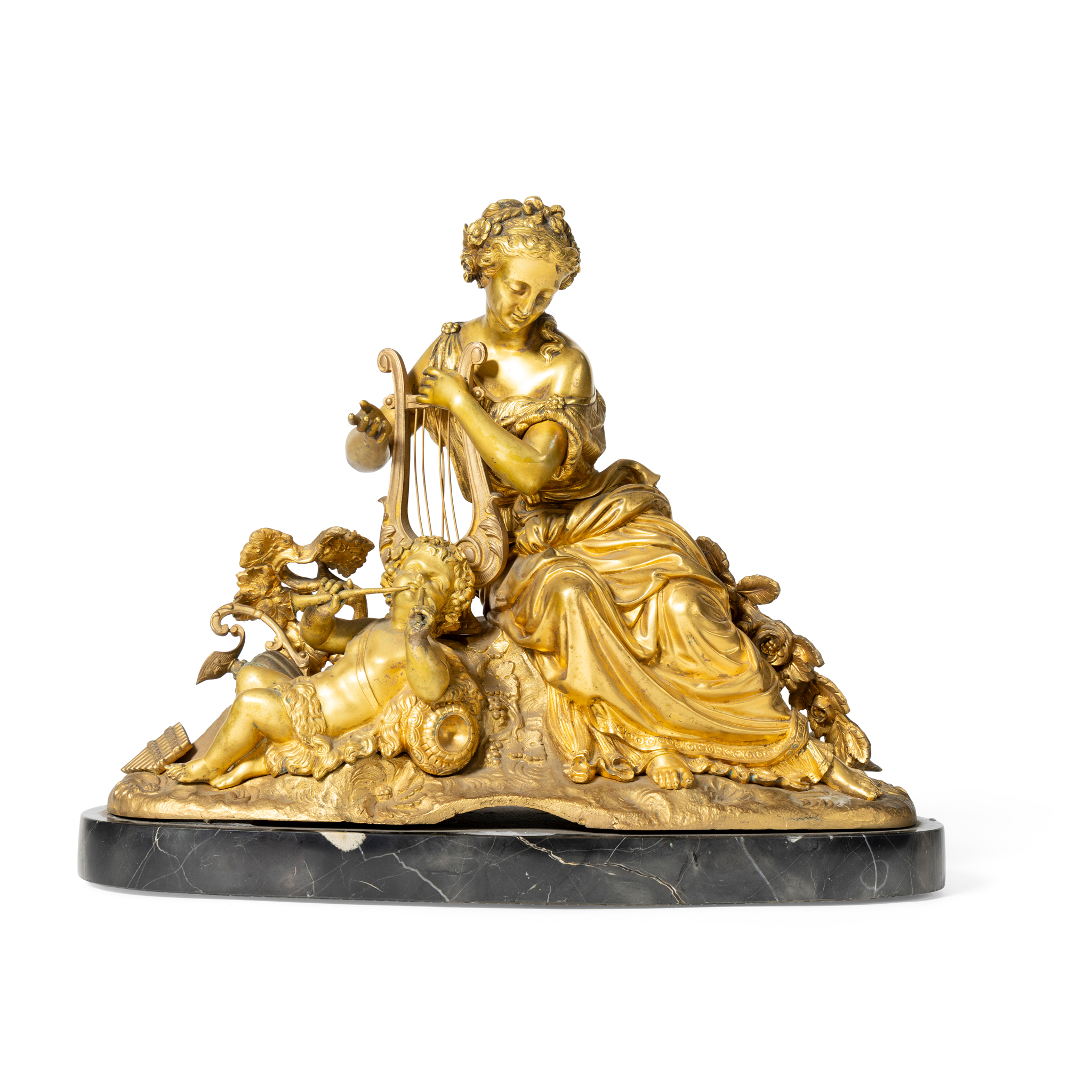 A FRENCH GILT METAL ALLEGORICAL FIGURE GROUP OF MUSIC