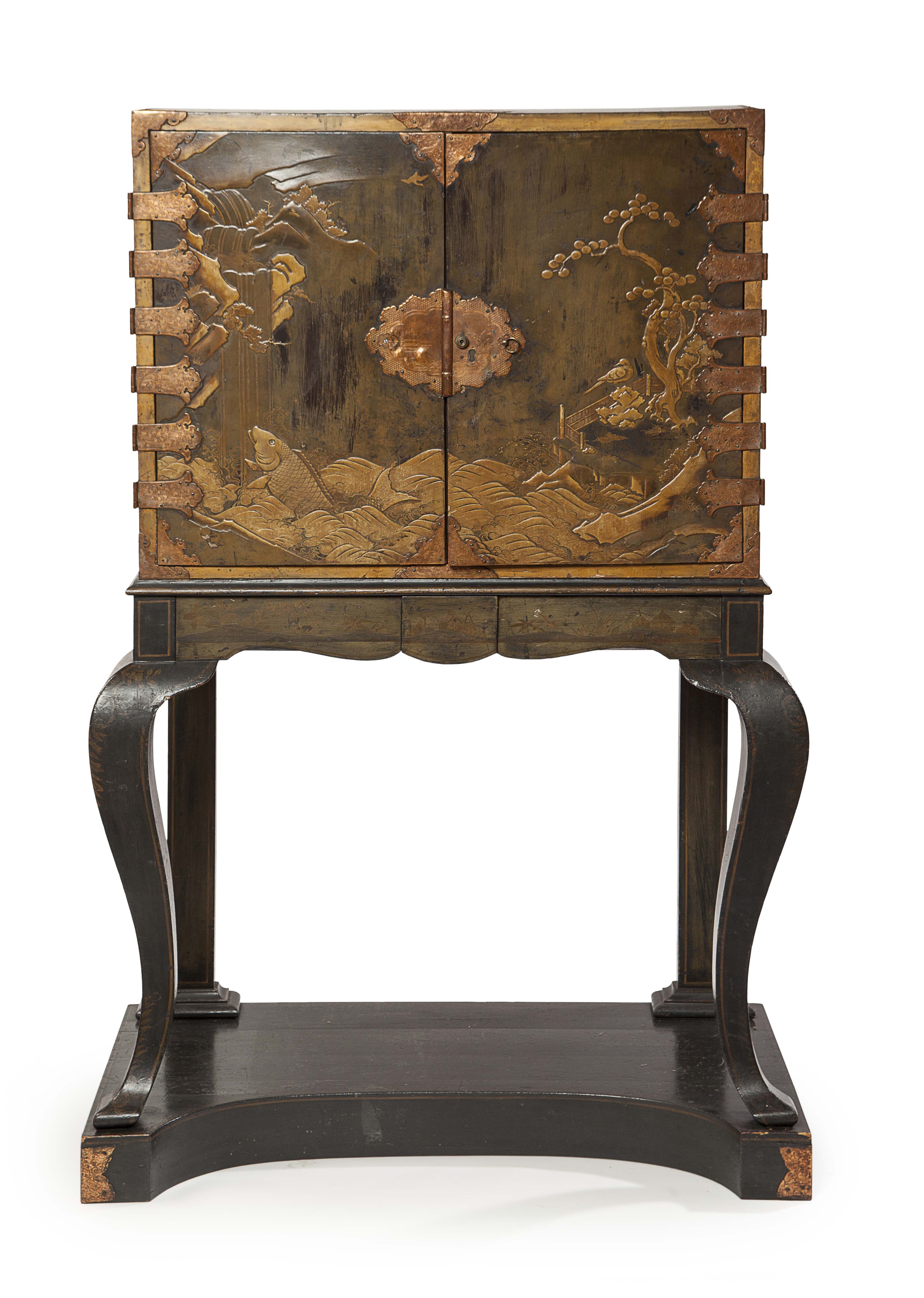 JAPANESE BLACK AND GILT LACQUER CABINET ON ENGLISH JAPANNED STAND