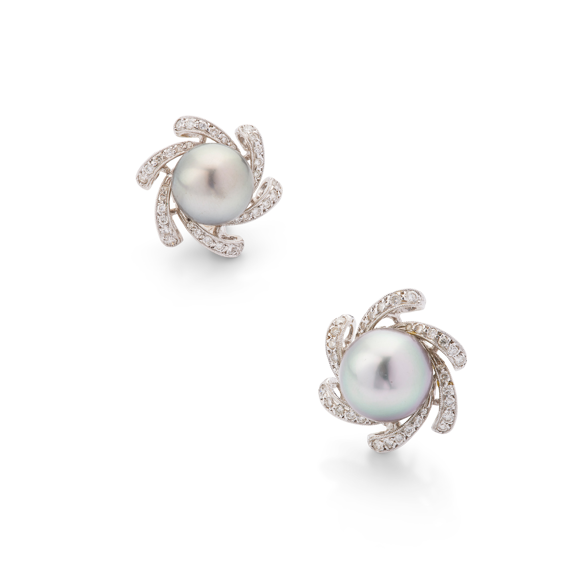 A pair of cultured pearl and diamond pinwheel earrings