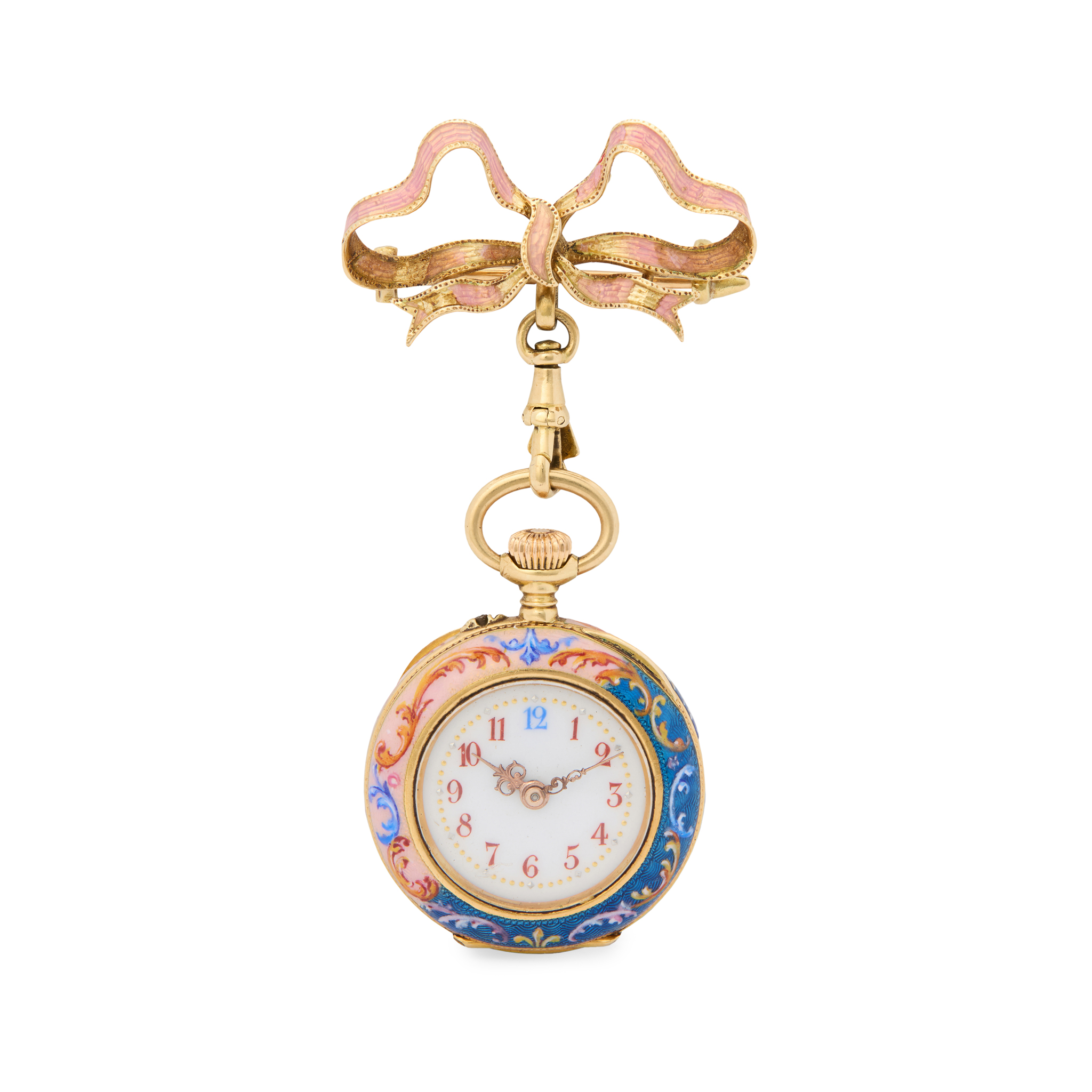 Swiss. A Ladies 18k gold and enamel fob watch with 18k gold and enamel bow