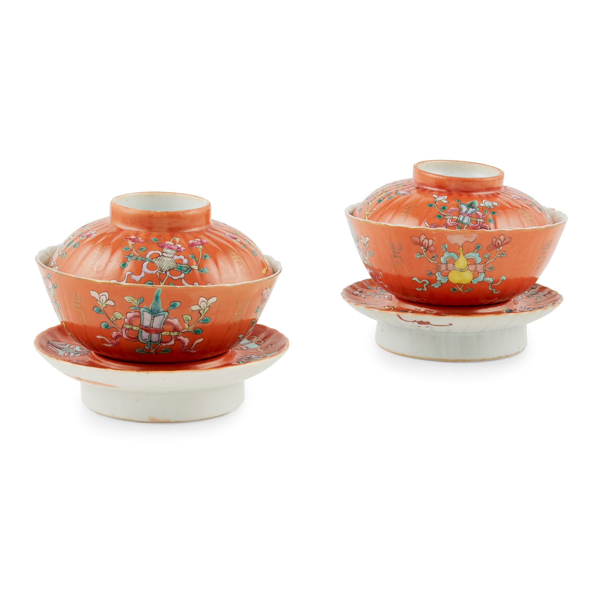 PAIR OF CORAL GROUND TEACUPS, SAUCERS, AND STANDS