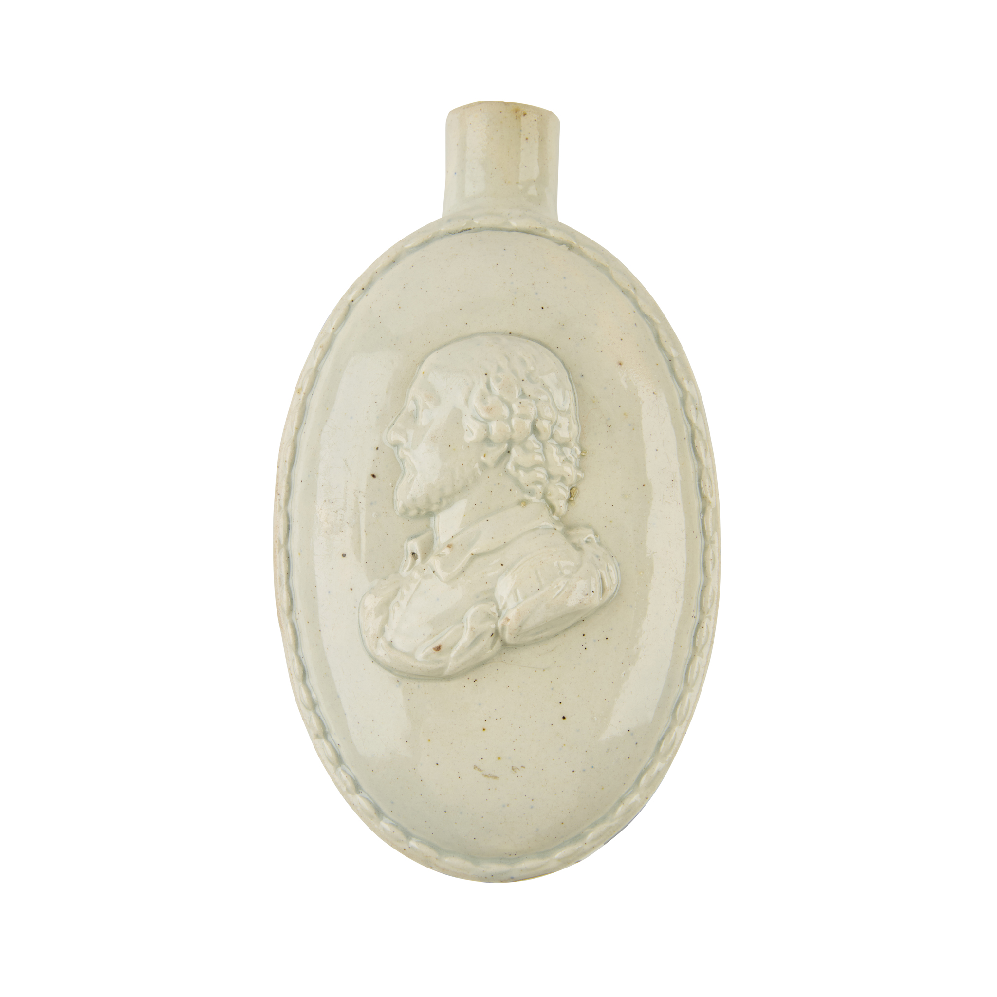 PEARLWARE FLASK MOULDED WITH A BUST OF SHAKESPEARE AND KING GEORGE III