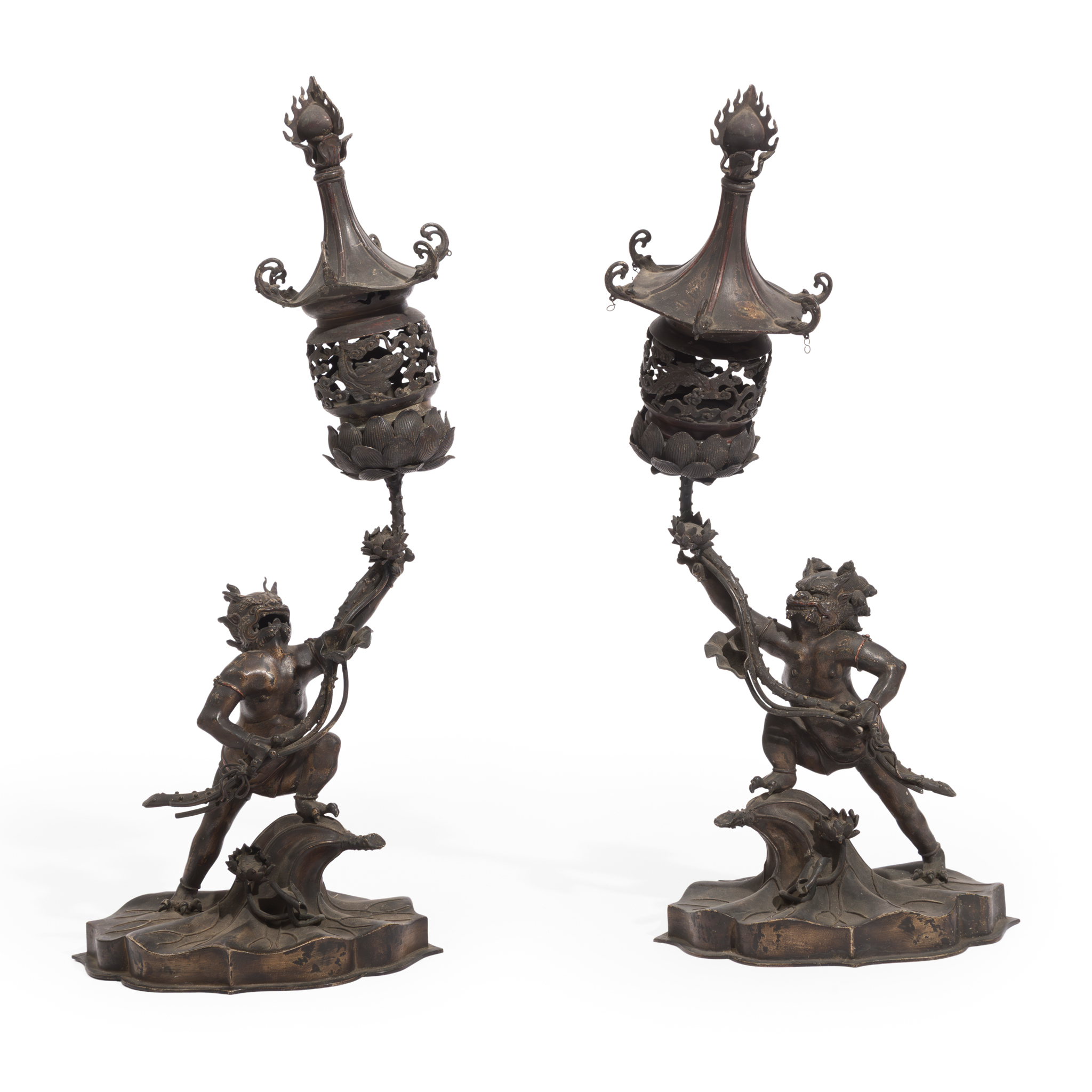 PAIR OF SOUTH EAST ASIAN PATINATED METAL LAMPS