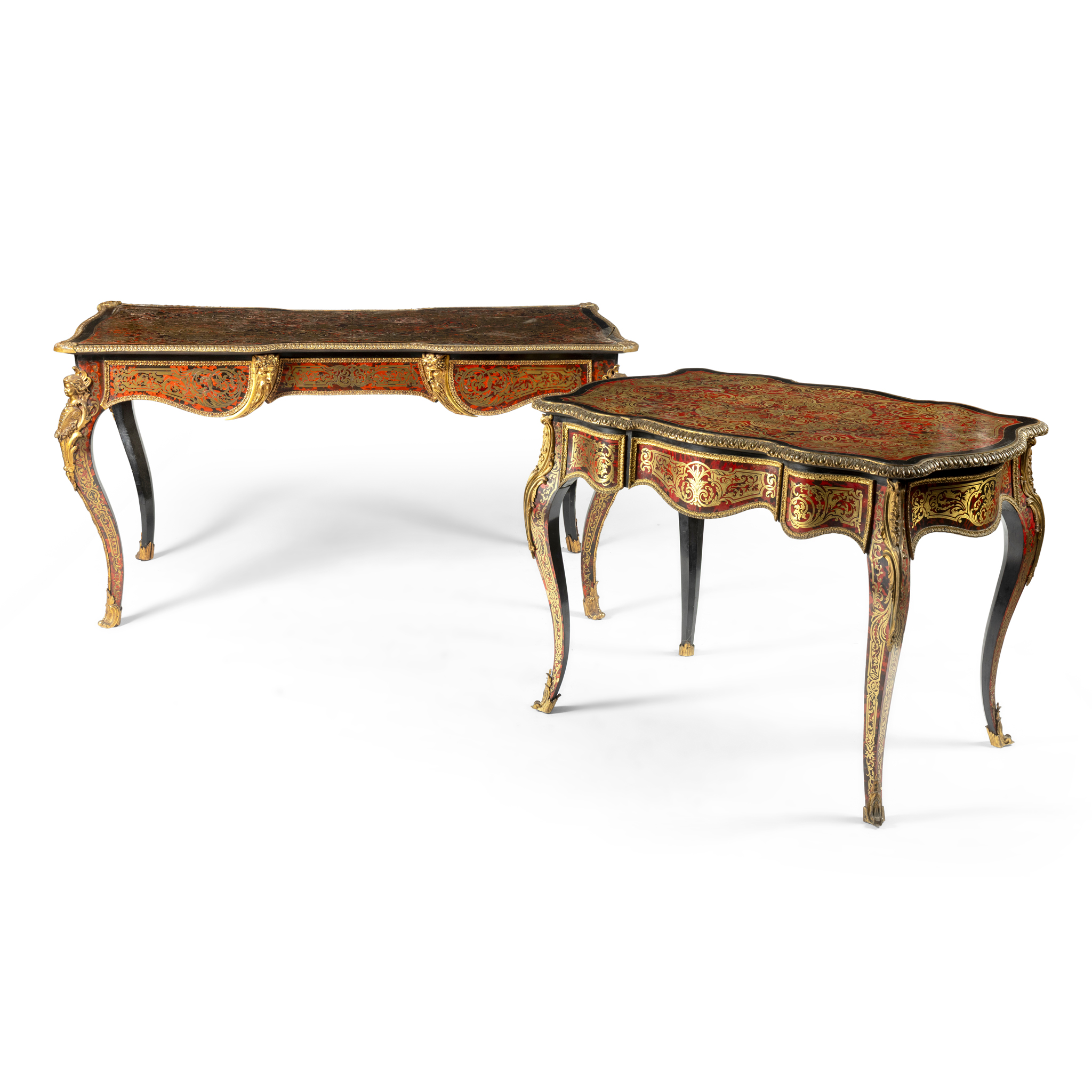A BOULLE WORK AND GILT METAL MOUNTED BUREAU PLAT AND A BOULLE WORK AND GILT METAL MOUNTED CENTRE TABLE