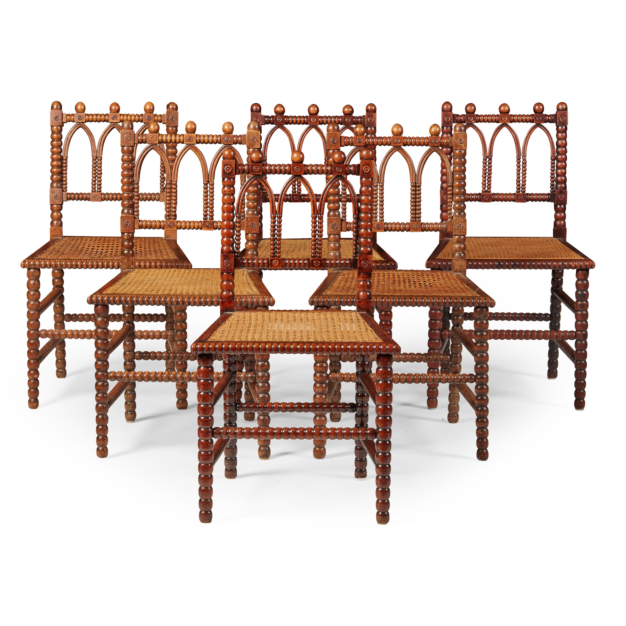 SET OF SIX SCOTTISH GOTHIC STYLE BOBBIN-TURNED SIDE CHAIRS