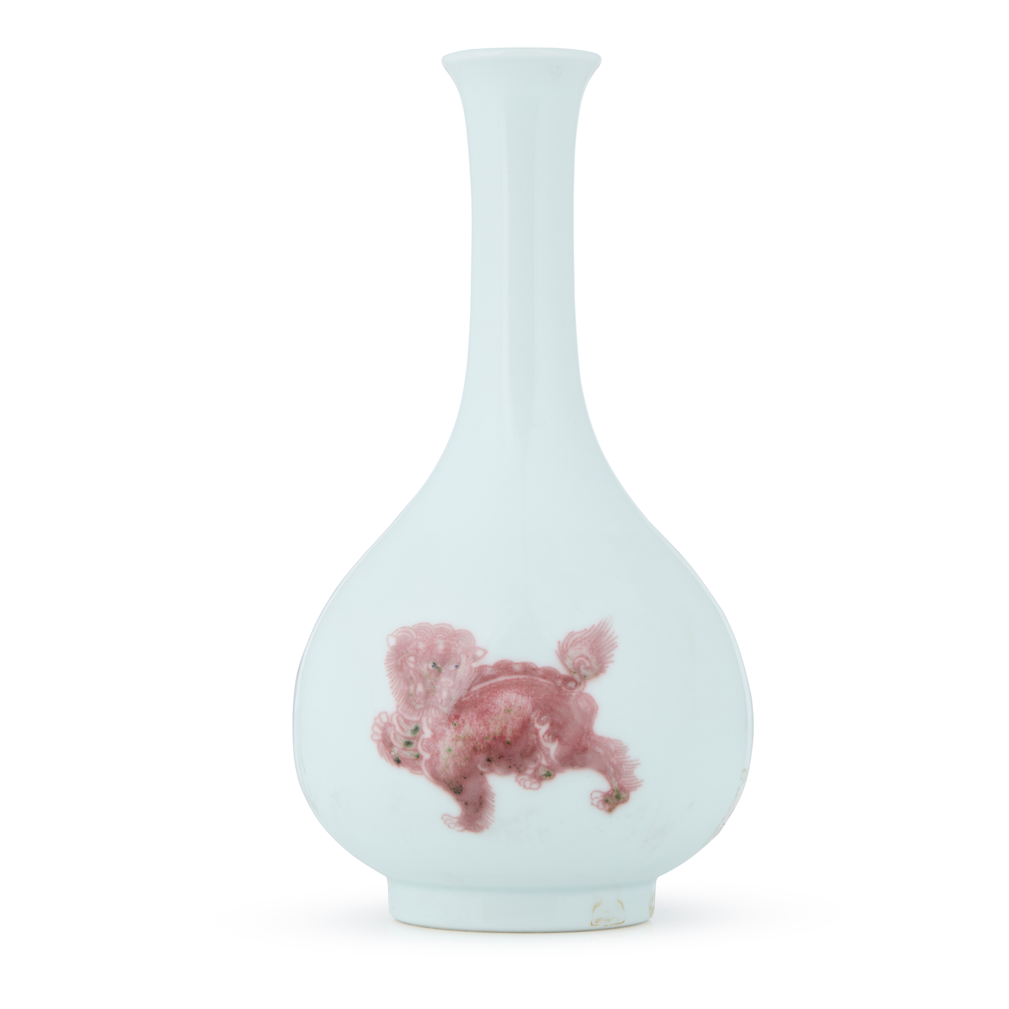 CHINESE COPPER RED 'LION DOG' BOTTLE VASE