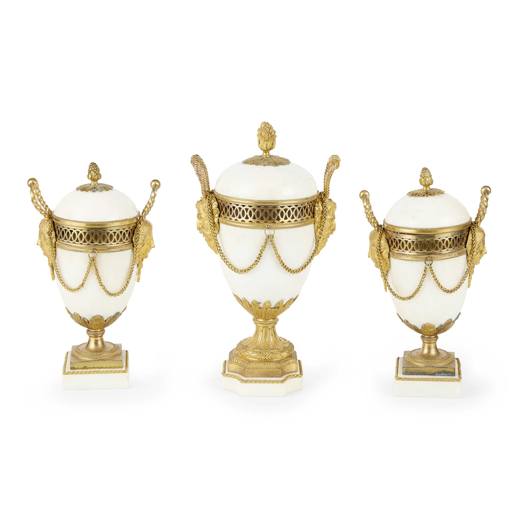 LOUIS XVI GILT BRONZE MOUNTED WHITE MARBLE THREE PIECE BRULES PARFUM VASE GARNITURE