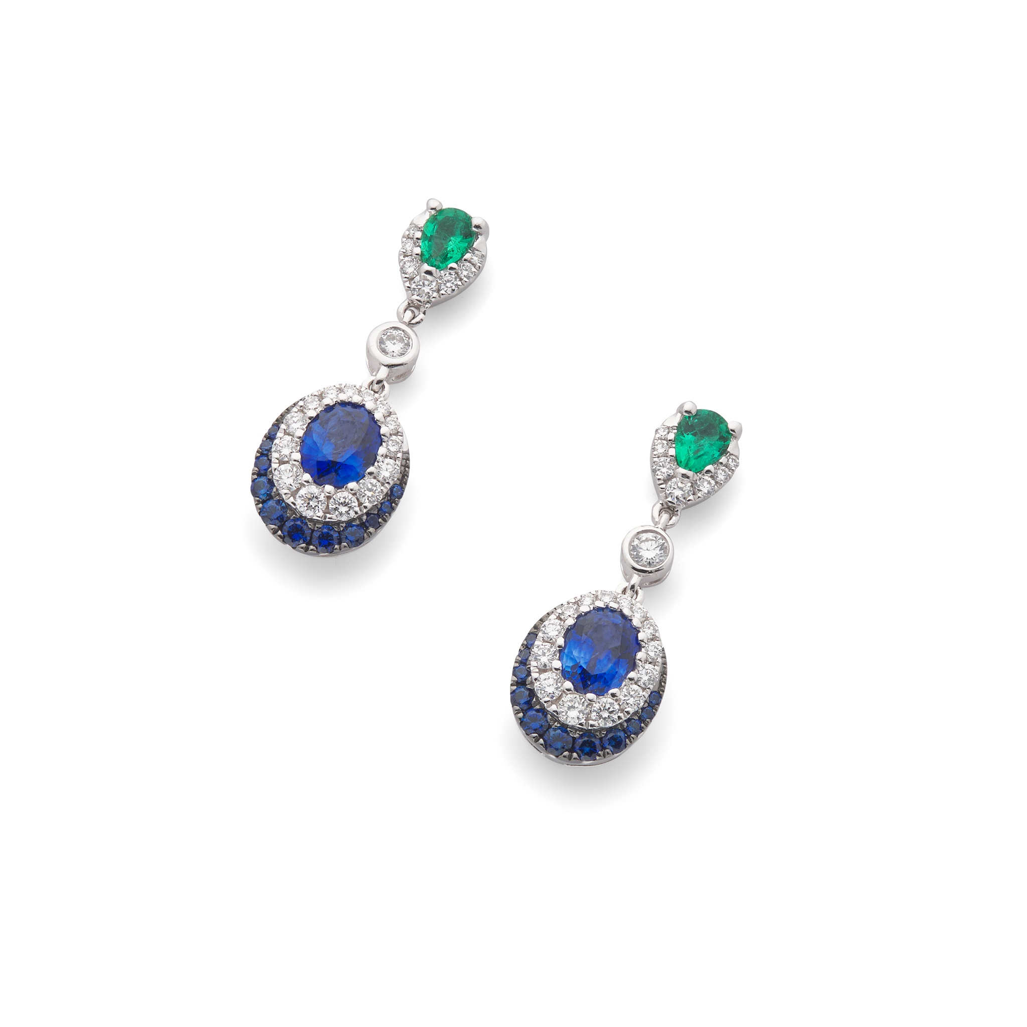 A pair of 18ct white gold emerald, sapphire and diamond pendent earrings