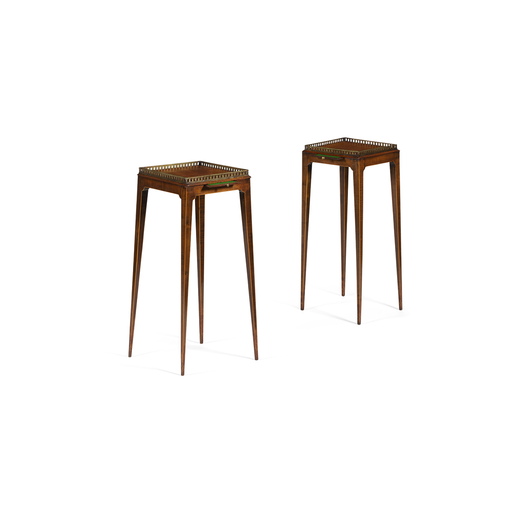 PAIR OF LATE GEORGE III SATINWOOD, BRASS AND STRUNG URN STANDS