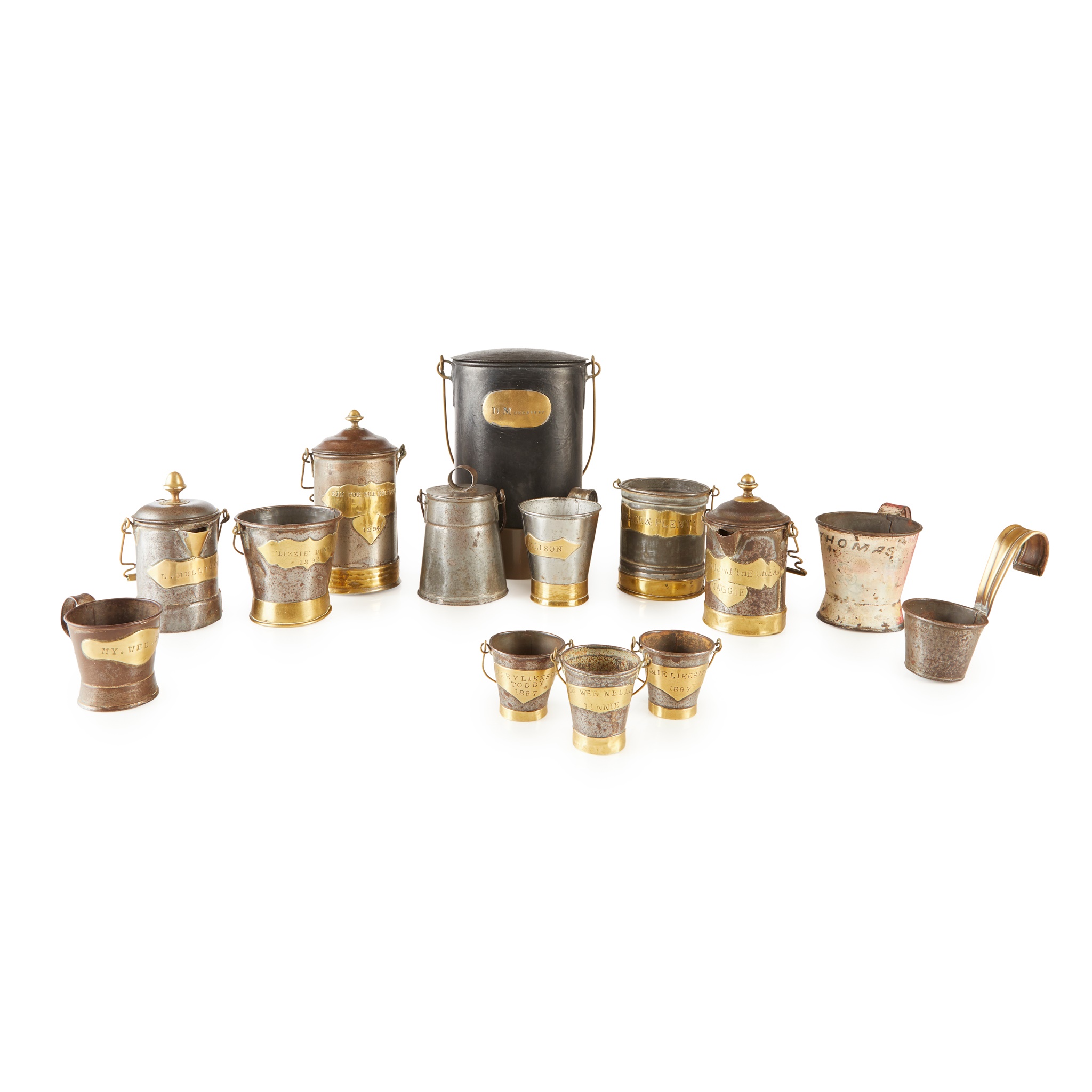 COLLECTION OF NOVELTY METAL AND BRASS MINIATURE MILK PAILS AND PITCHERS