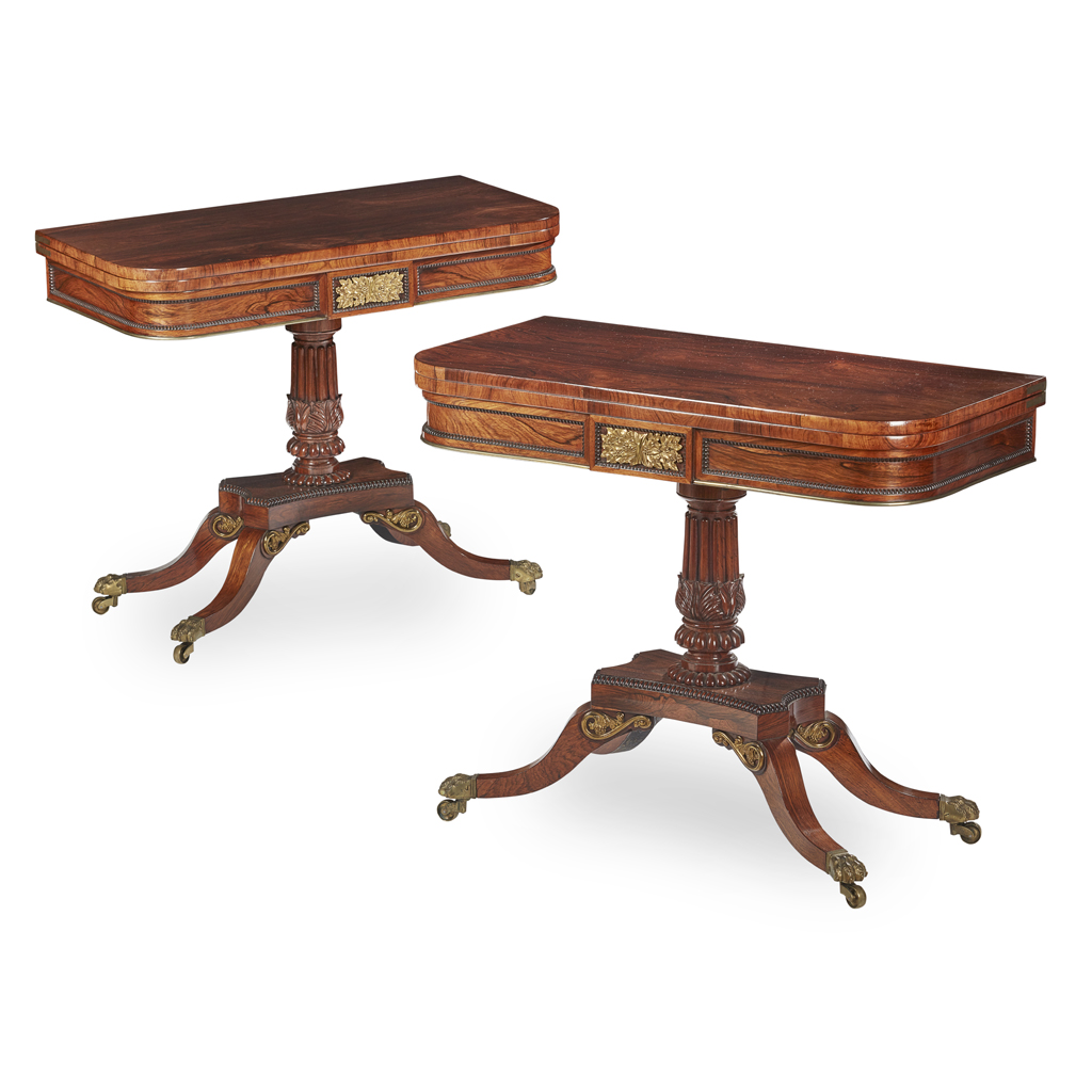 FINE PAIR OF REGENCY ROSEWOOD BRASS MOUNTED CARD TABLES