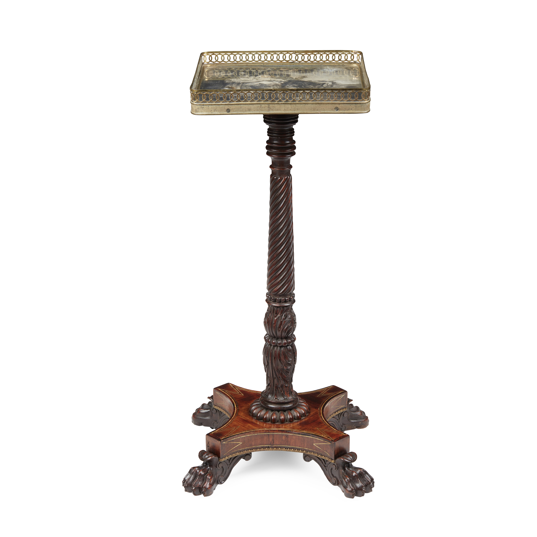 REGENCY ROSEWOOD AND BRASS GRISAILLE PAINTED OCCASIONAL TABLE