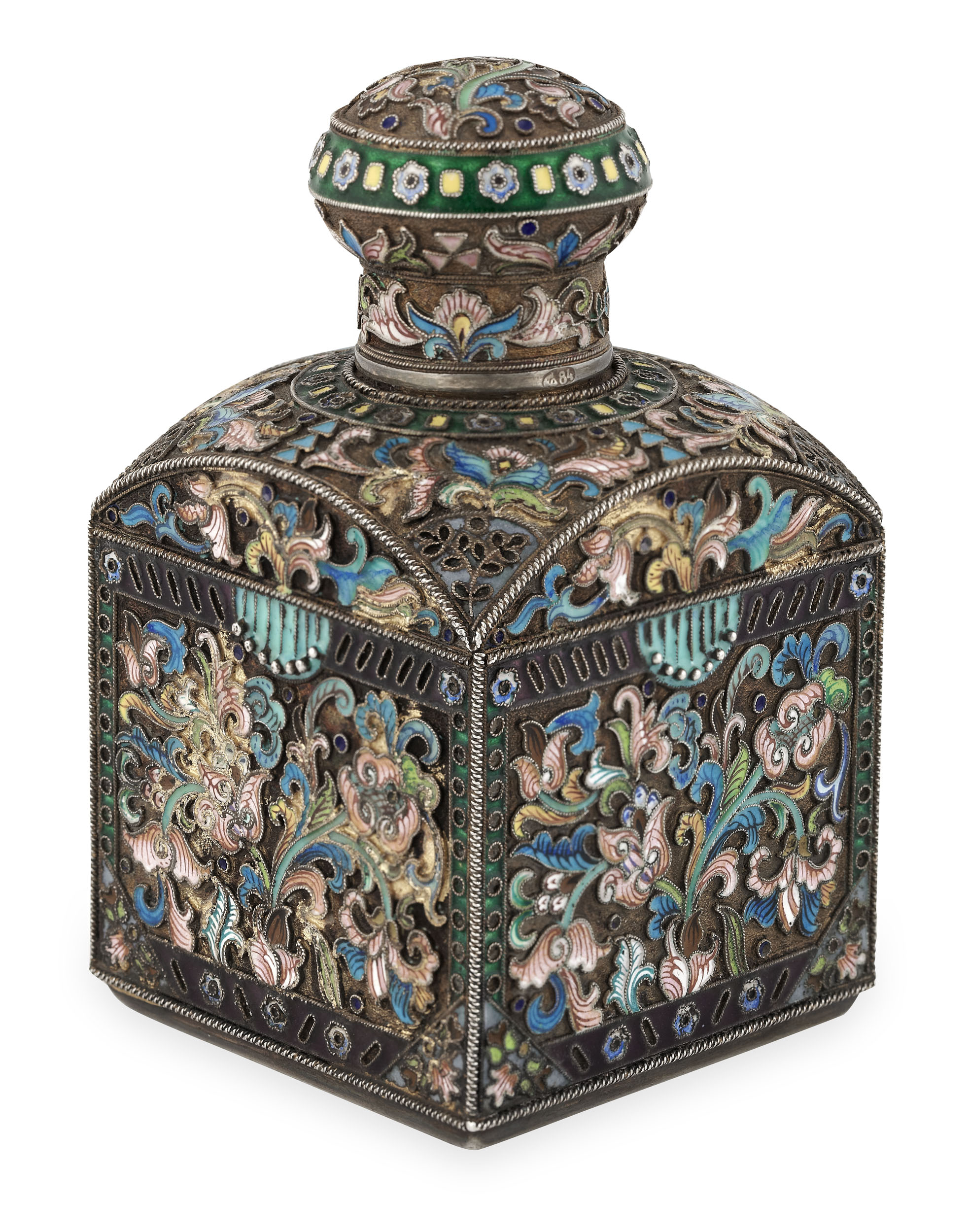 A Russian silver and champleve enamel tea caddy