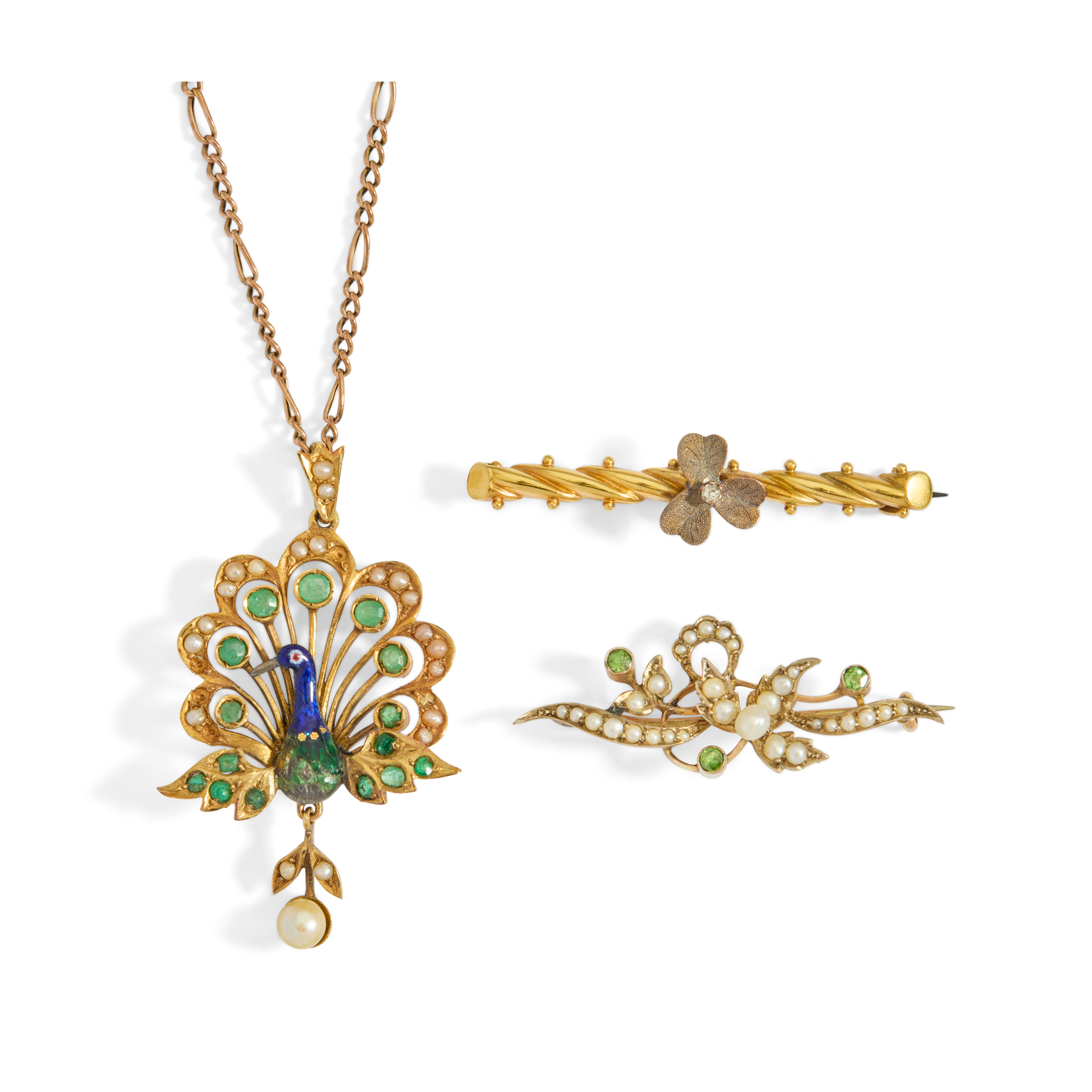 A peacock pendant necklace and two brooches