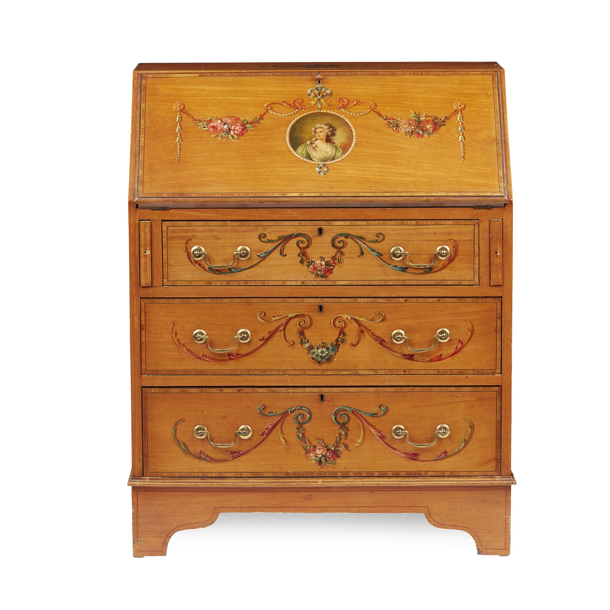 EDWARDIAN SMALL PAINTED SATINWOOD BUREAU