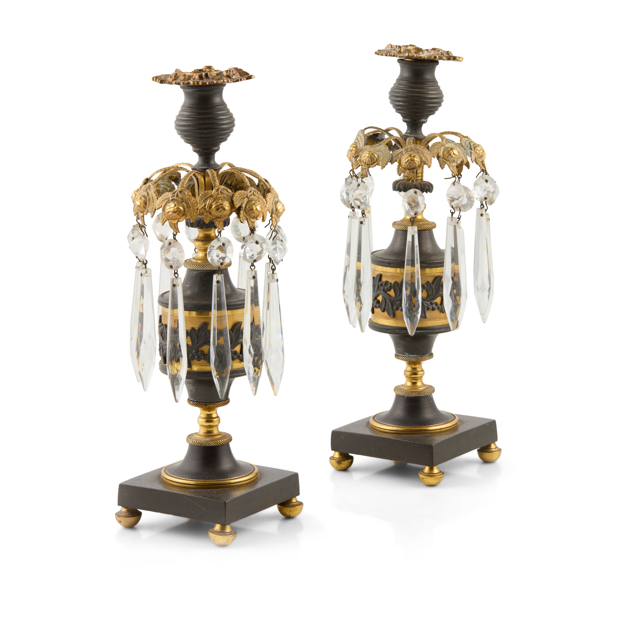 PAIR OF REGENCY GILT AND PATINATED BRONZE CANDLE LUSTRES