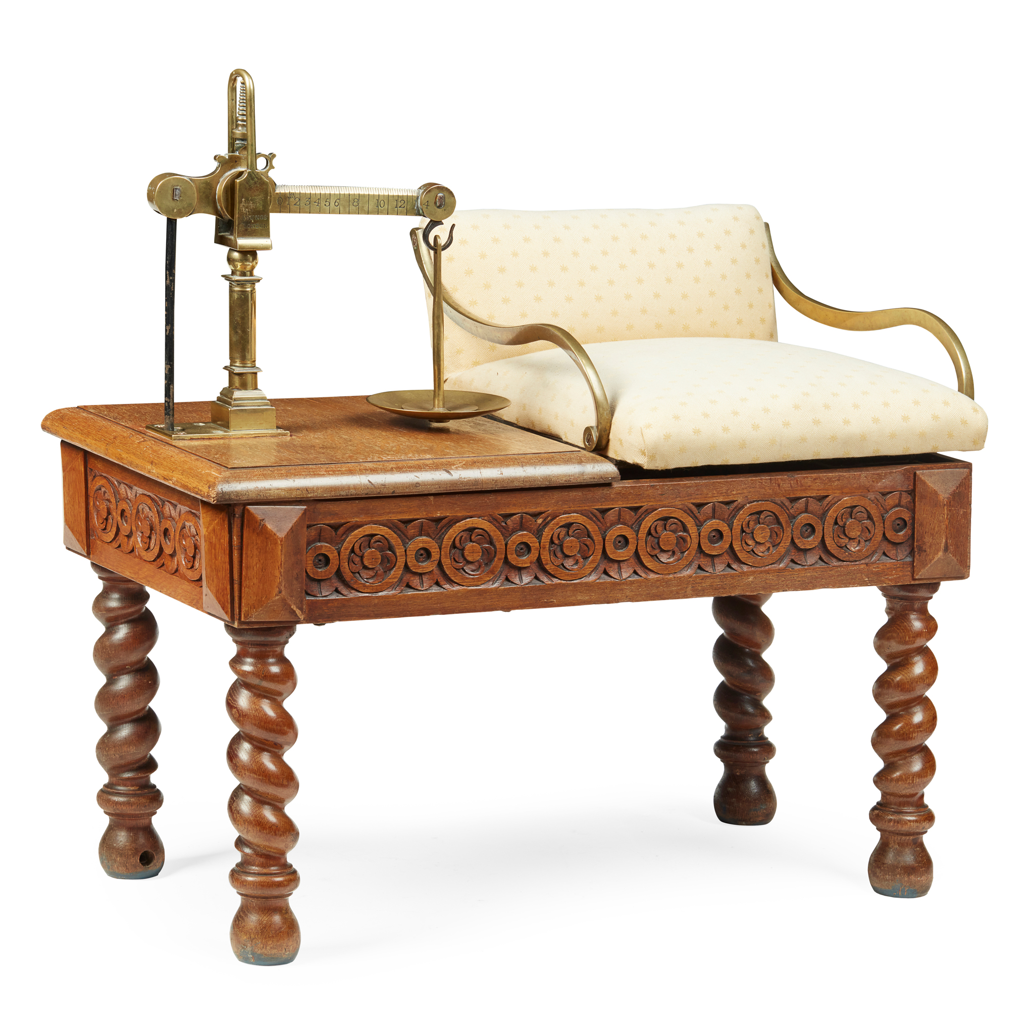 VICTORIAN OAK AND BRASS JOCKEY SCALES, YOUNG'S, LONDON