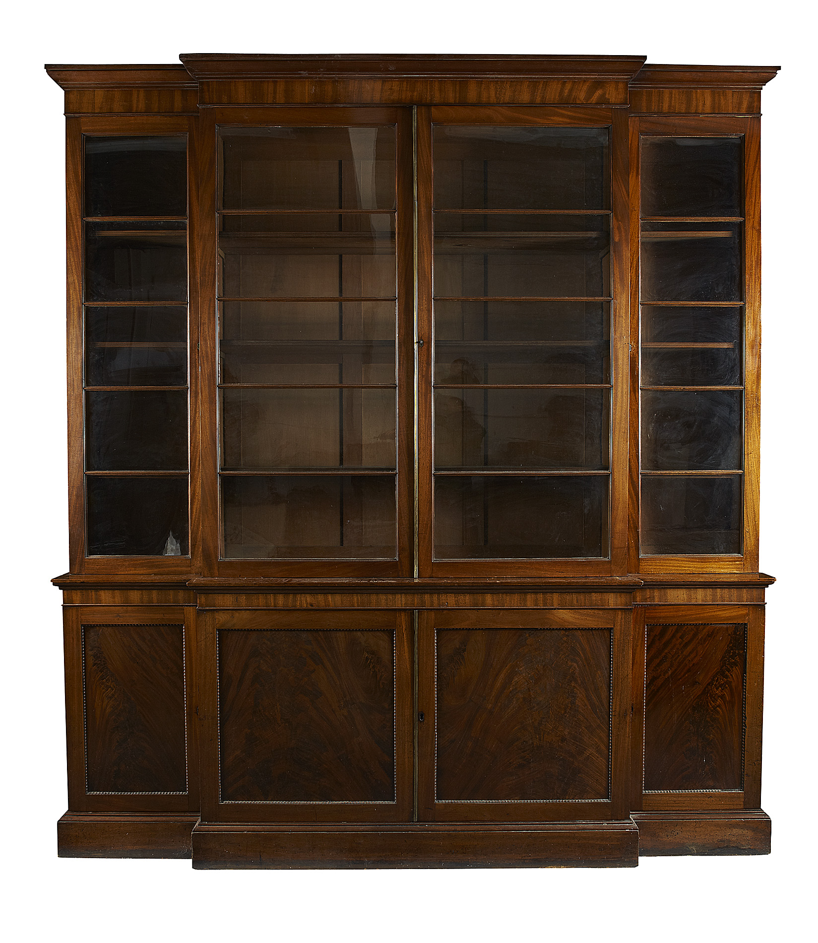 REGENCY MAHOGANY BREAKFRONT LIBRARY BOOKCASE