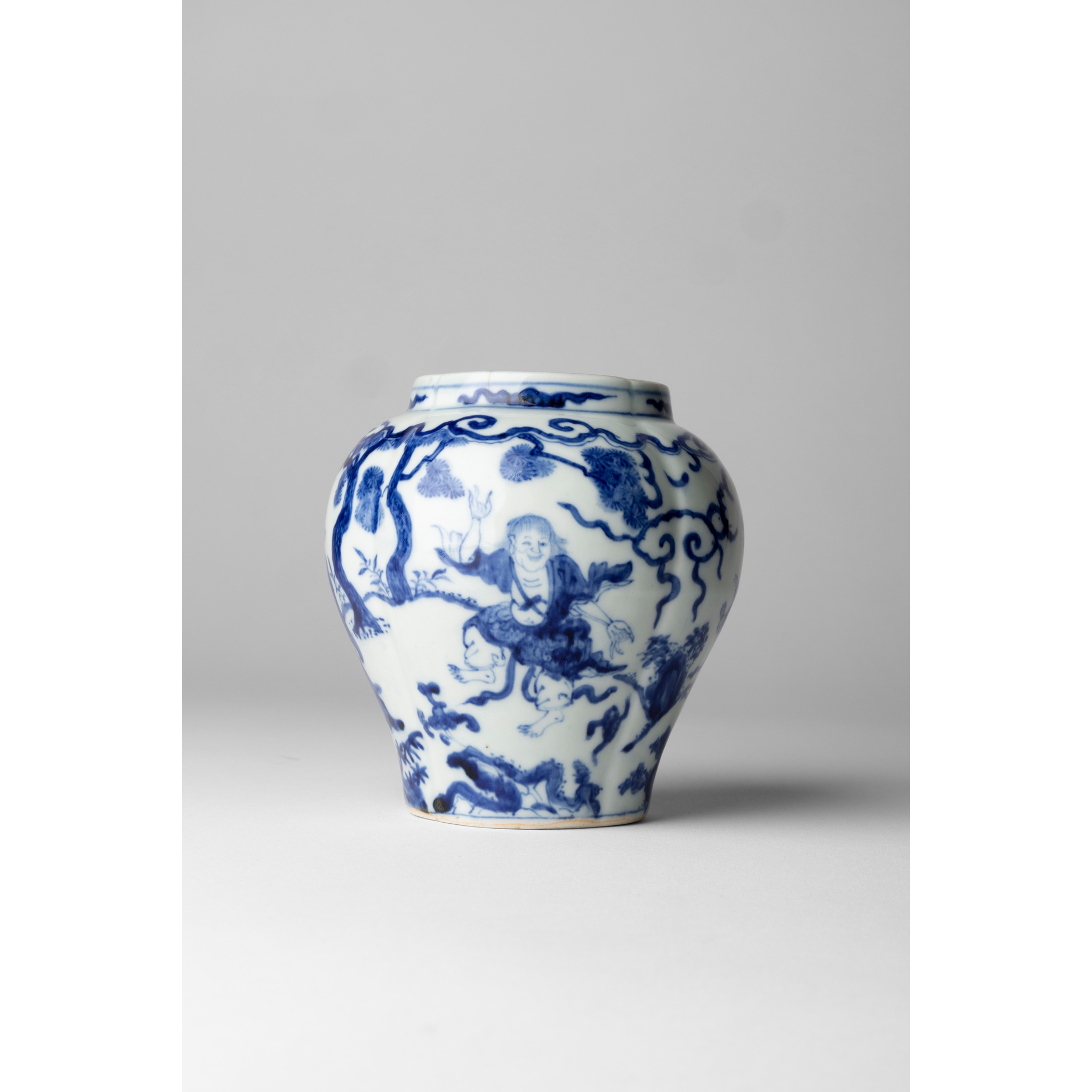 RARE SMALL BLUE AND WHITE 'FOUR IMMORTALS' JAR