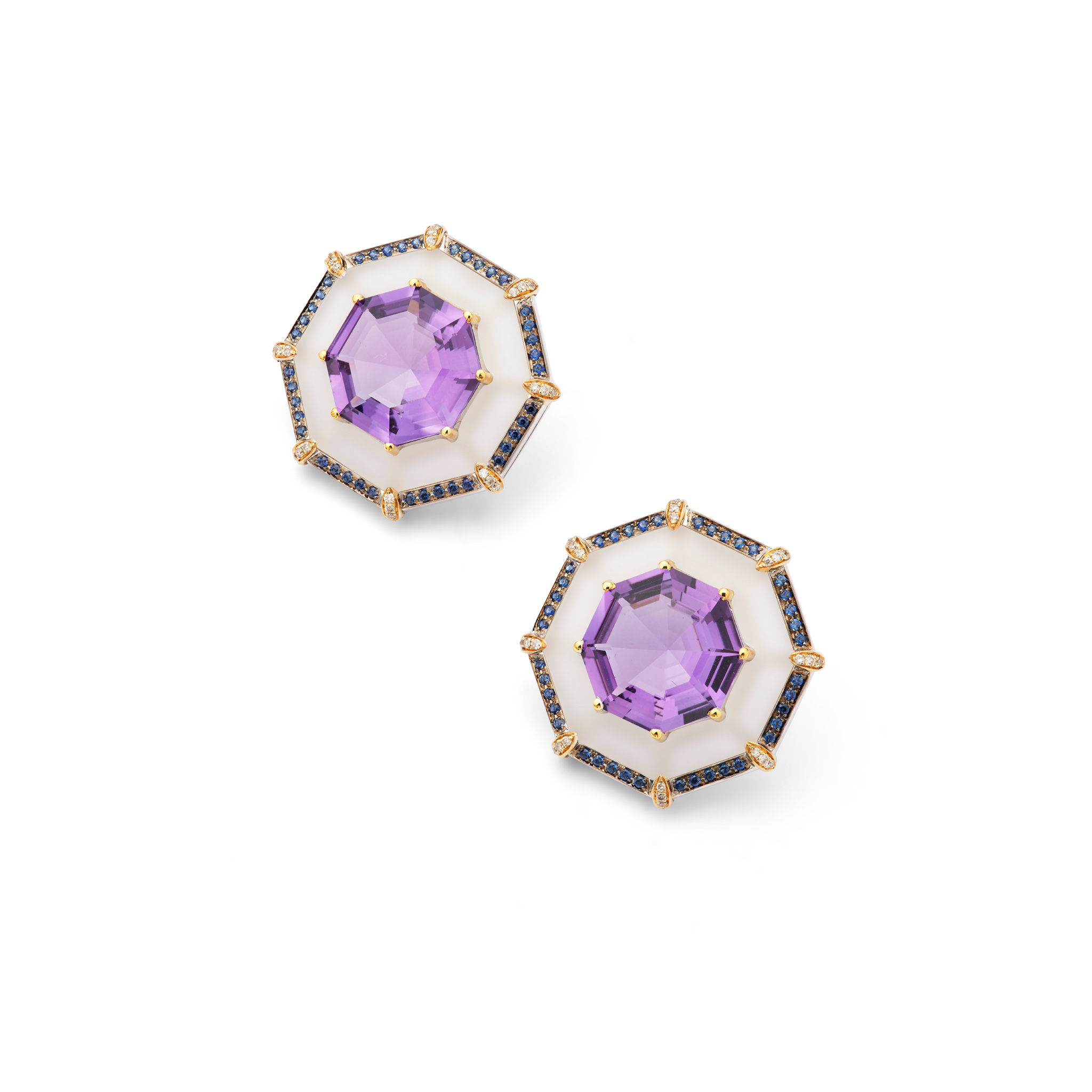 A pair of rock crystal, amethyst, sapphire and diamond earrings