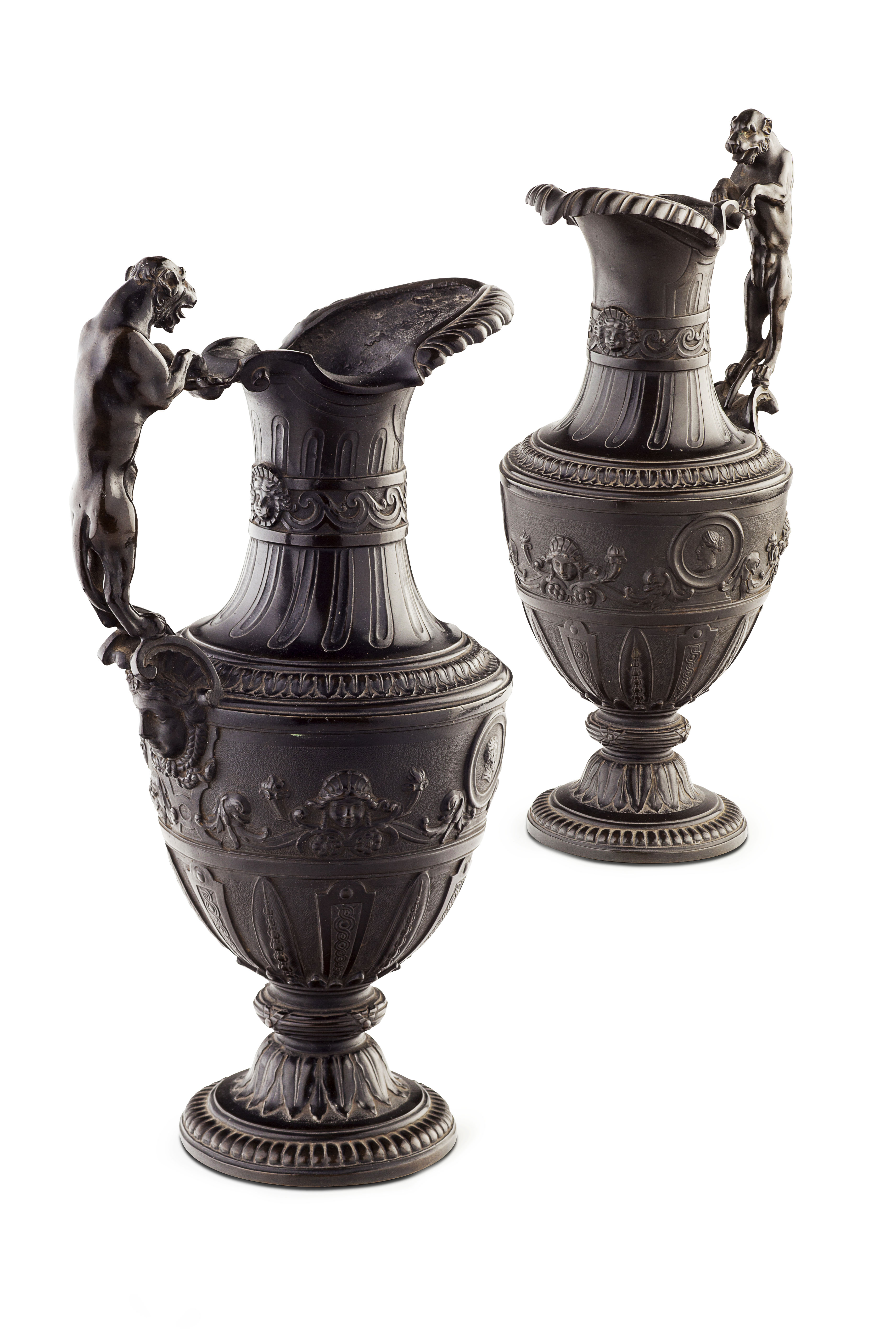 PAIR OF RENAISSANCE STYLE BRONZE EWERS AFTER NICOLAS DELAUNAY, BASED ON DESIGNS BY ENEA VICO