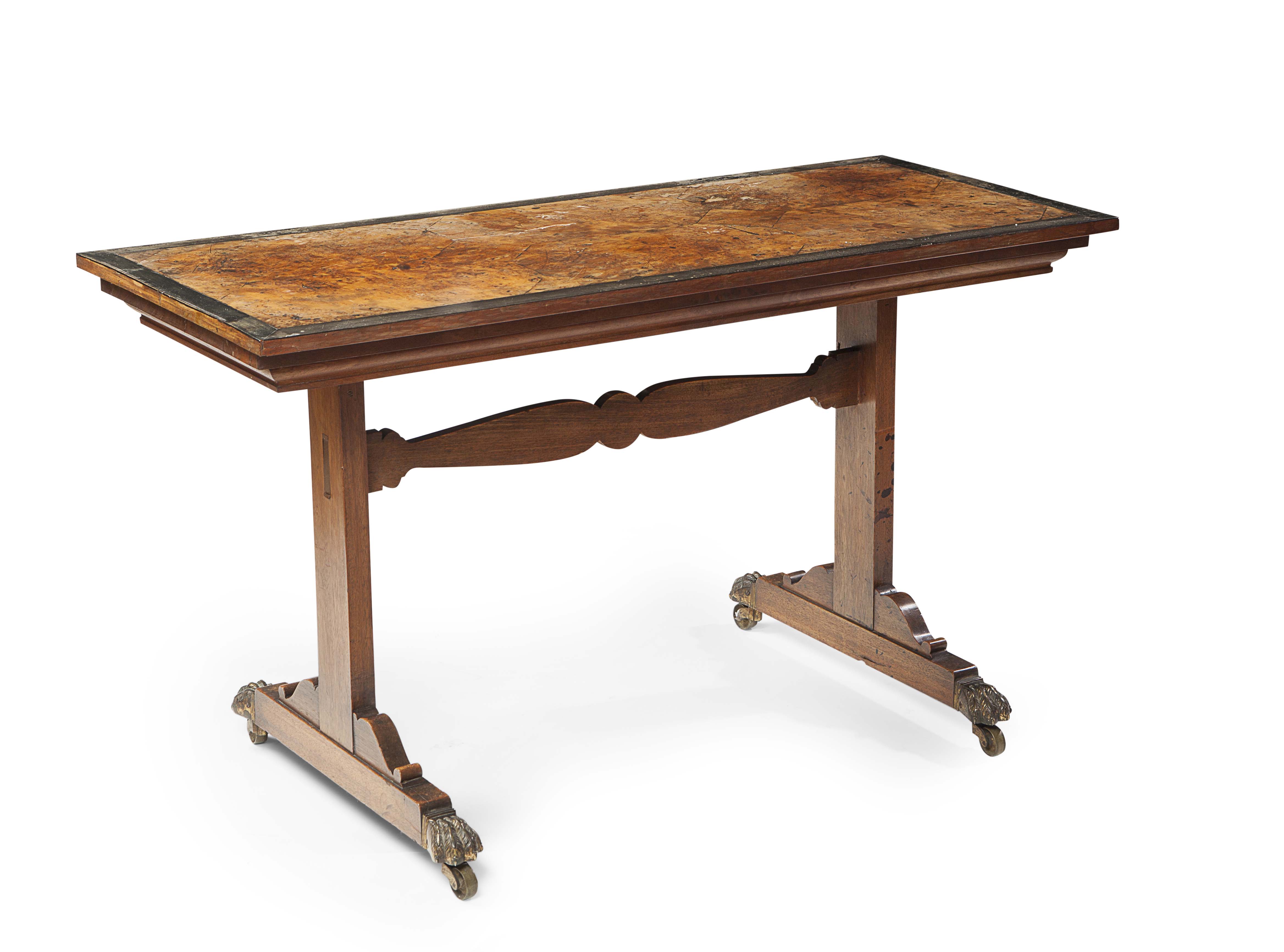 REGENCY BURRWOOD AND MAHOGANY LIBRARY TABLE